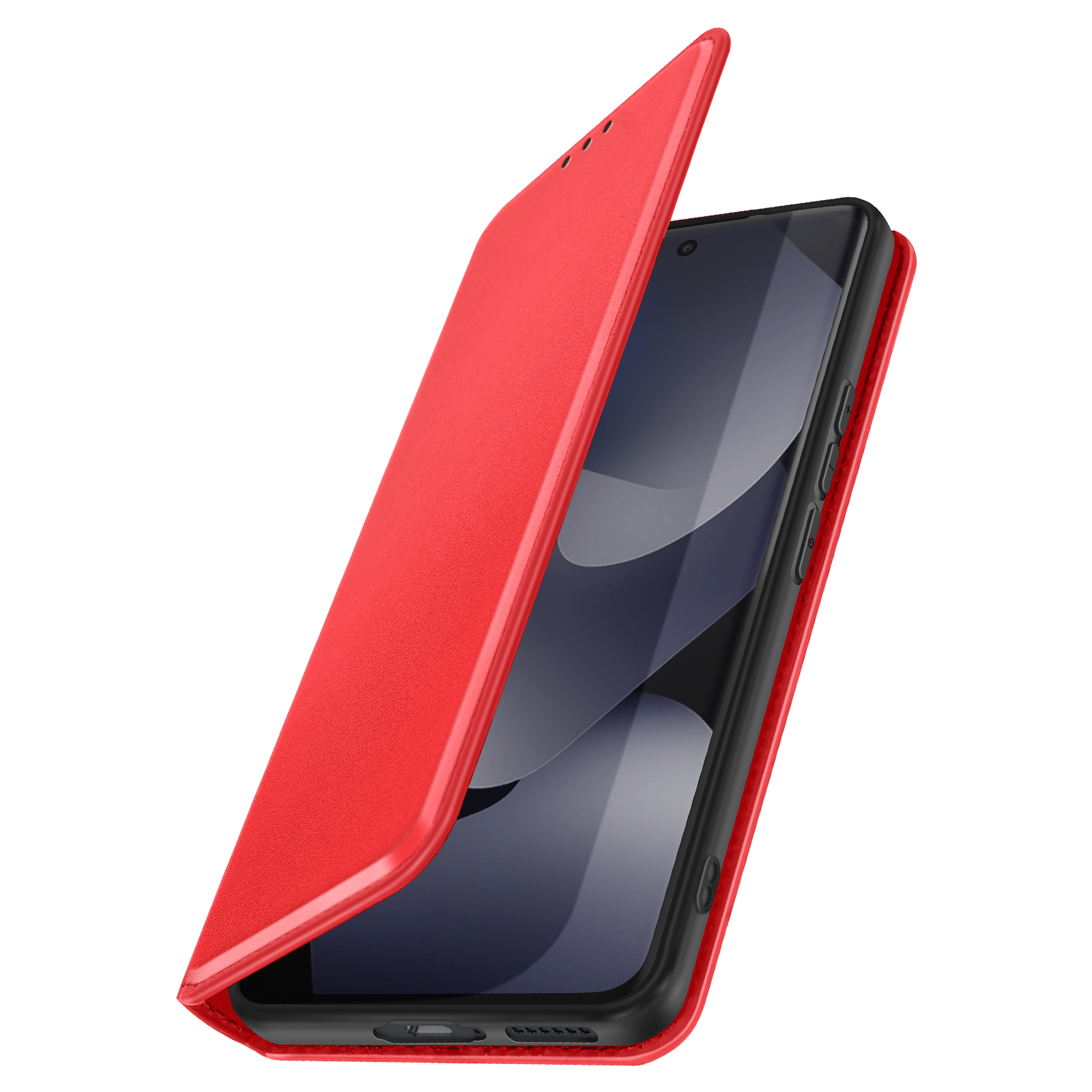 Custodia a libro rossa aperta su uno smartphone, che mostra lo schermo.