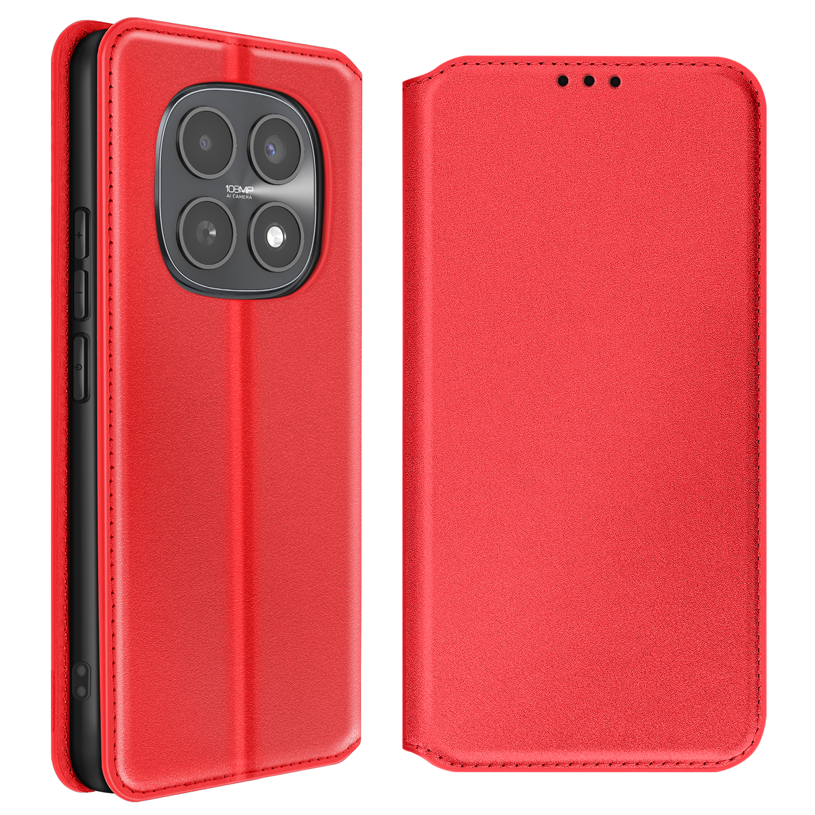 Custodia rossa per telefono con fotocamera quadrupla sul retro e tre fori per altoparlanti.