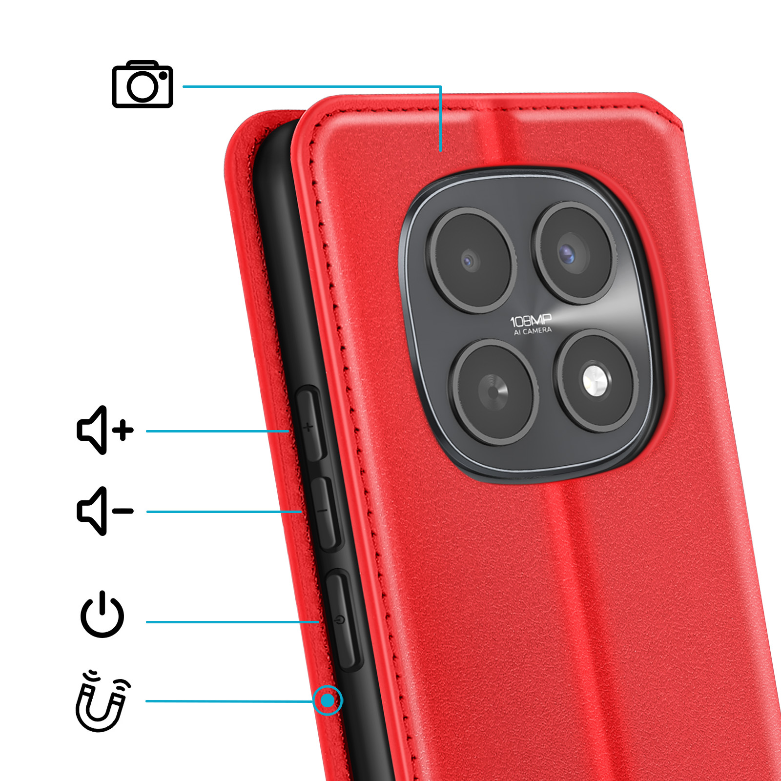 Custodia rossa per telefono con modulo fotocamera e pulsanti laterali.