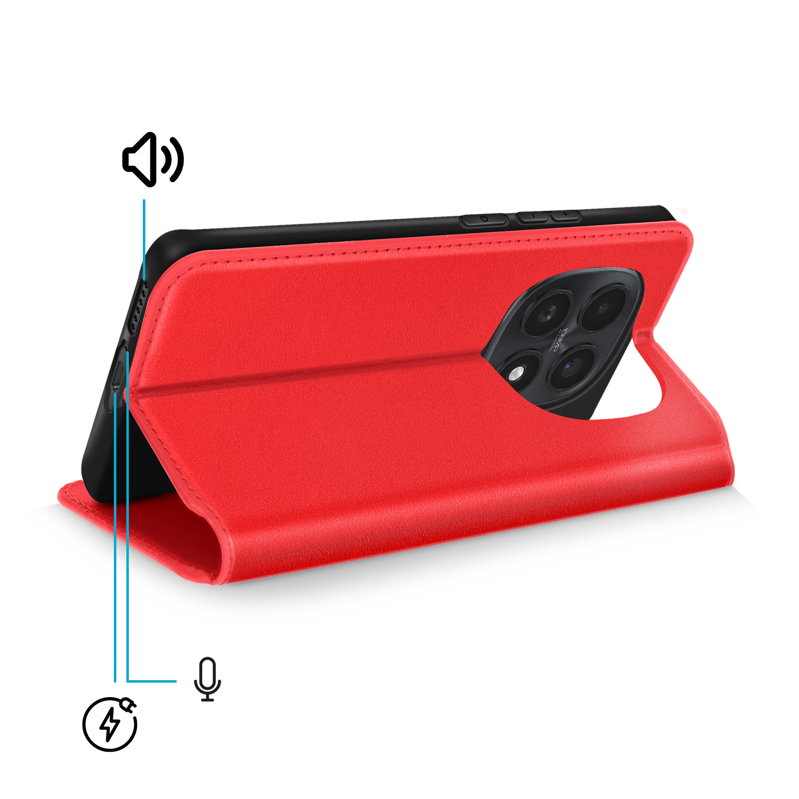 Custodia rossa per telefono aperta, mostra fotocamera telefono e icone audio, microfono e ricarica.