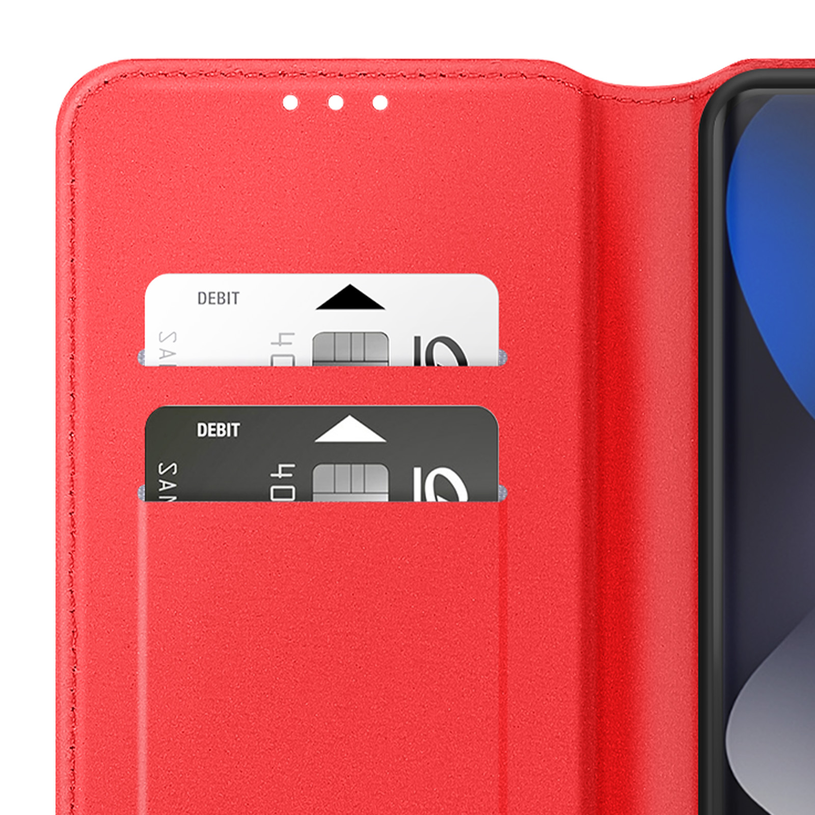 Custodia rossa per telefono con due slot per carte, una bianca e una nera.