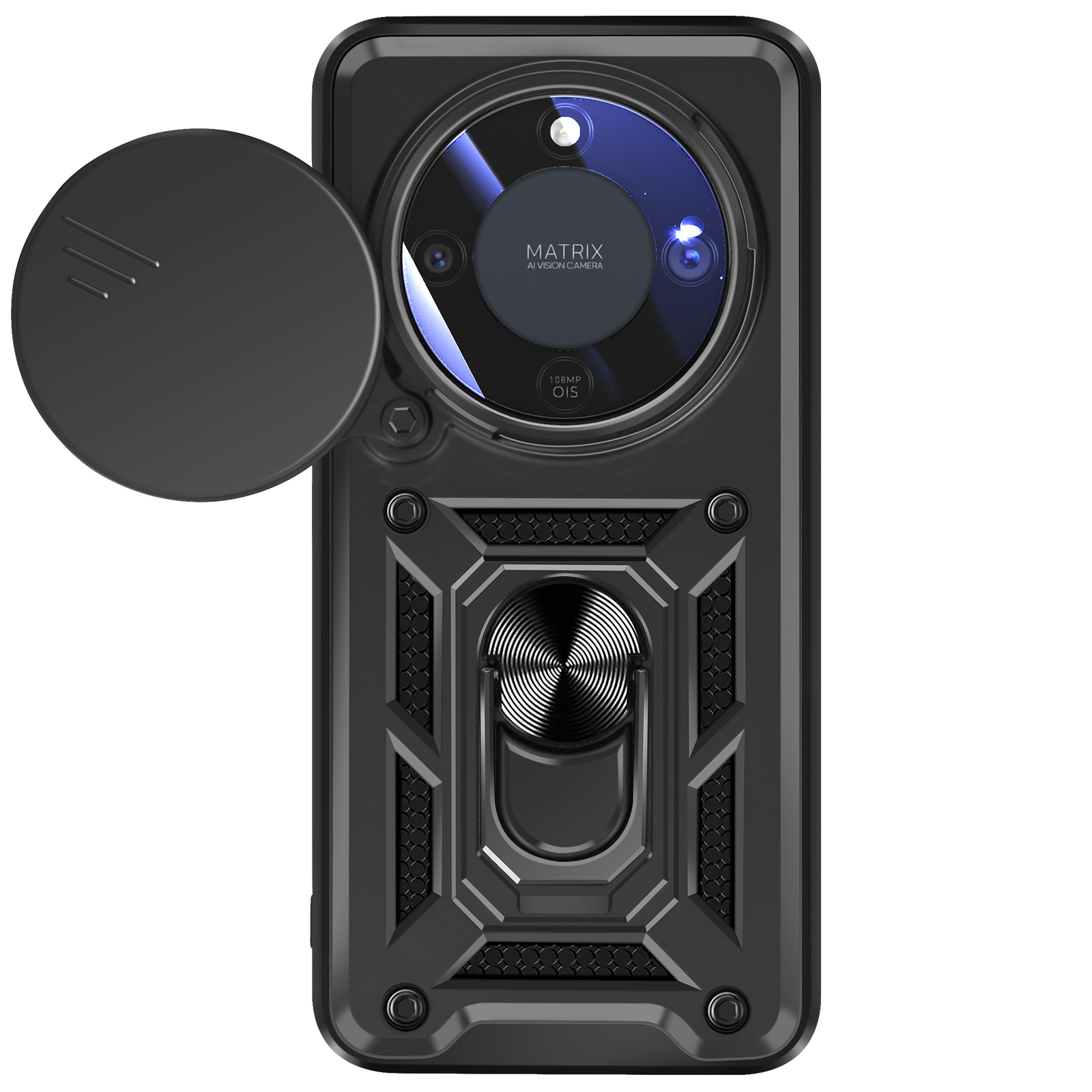 Coque de téléphone noire avec cache-objectif et support anneau.