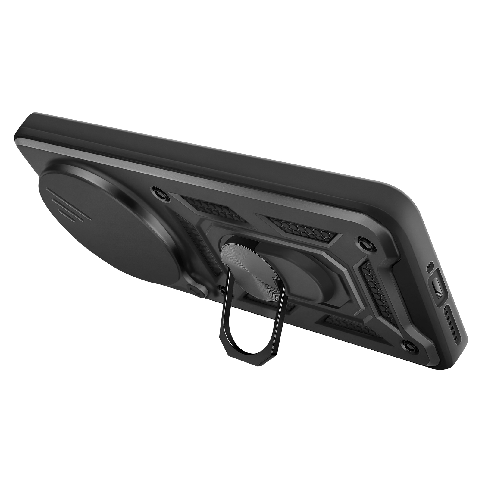 Coque de téléphone noire avec support anneau au dos, aux détails texturés.