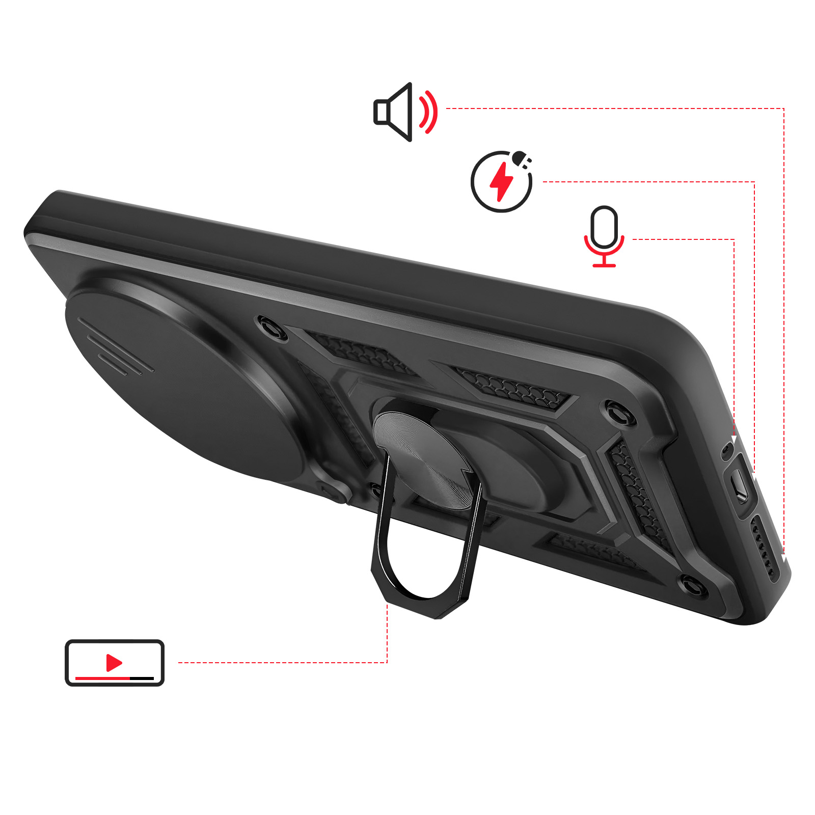 Coque de téléphone noire avec support bague, icônes haut-parleur, flash et micro.