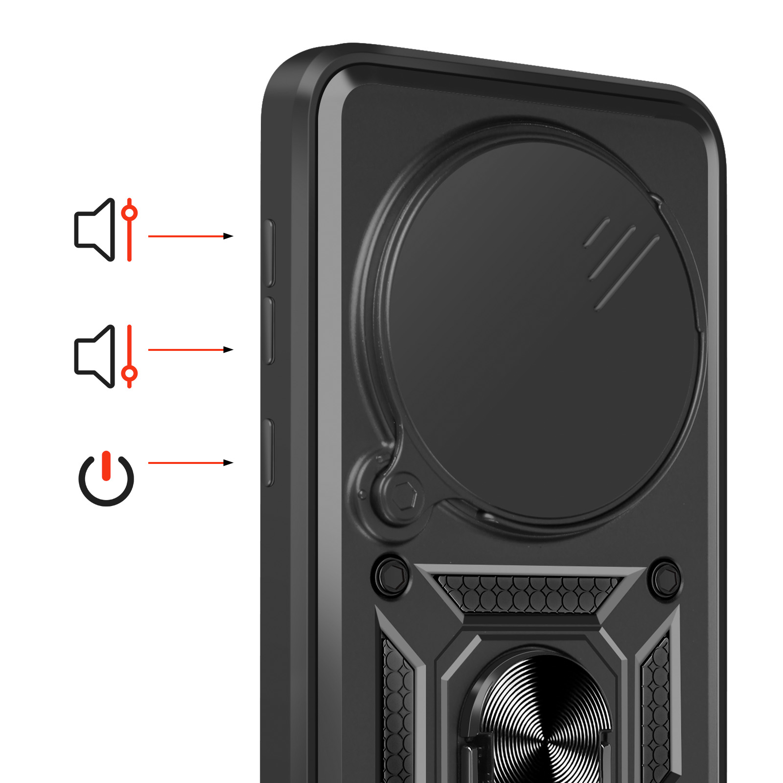 Coque de téléphone noire avec icônes volume et alimentation.