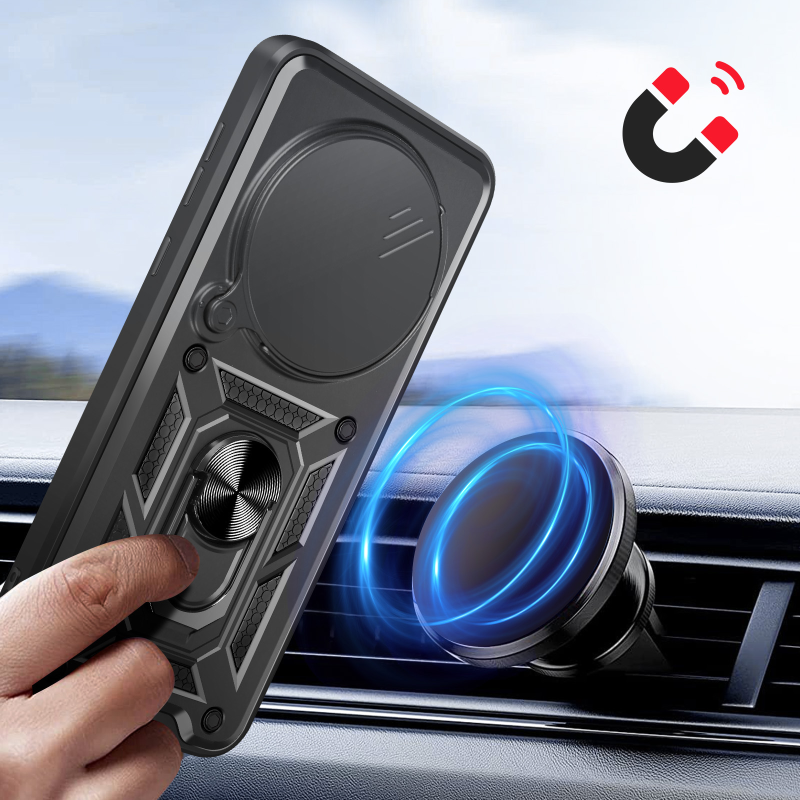 Coque de téléphone noire avec support magnétique de voiture. Une icône d'aimant est visible.