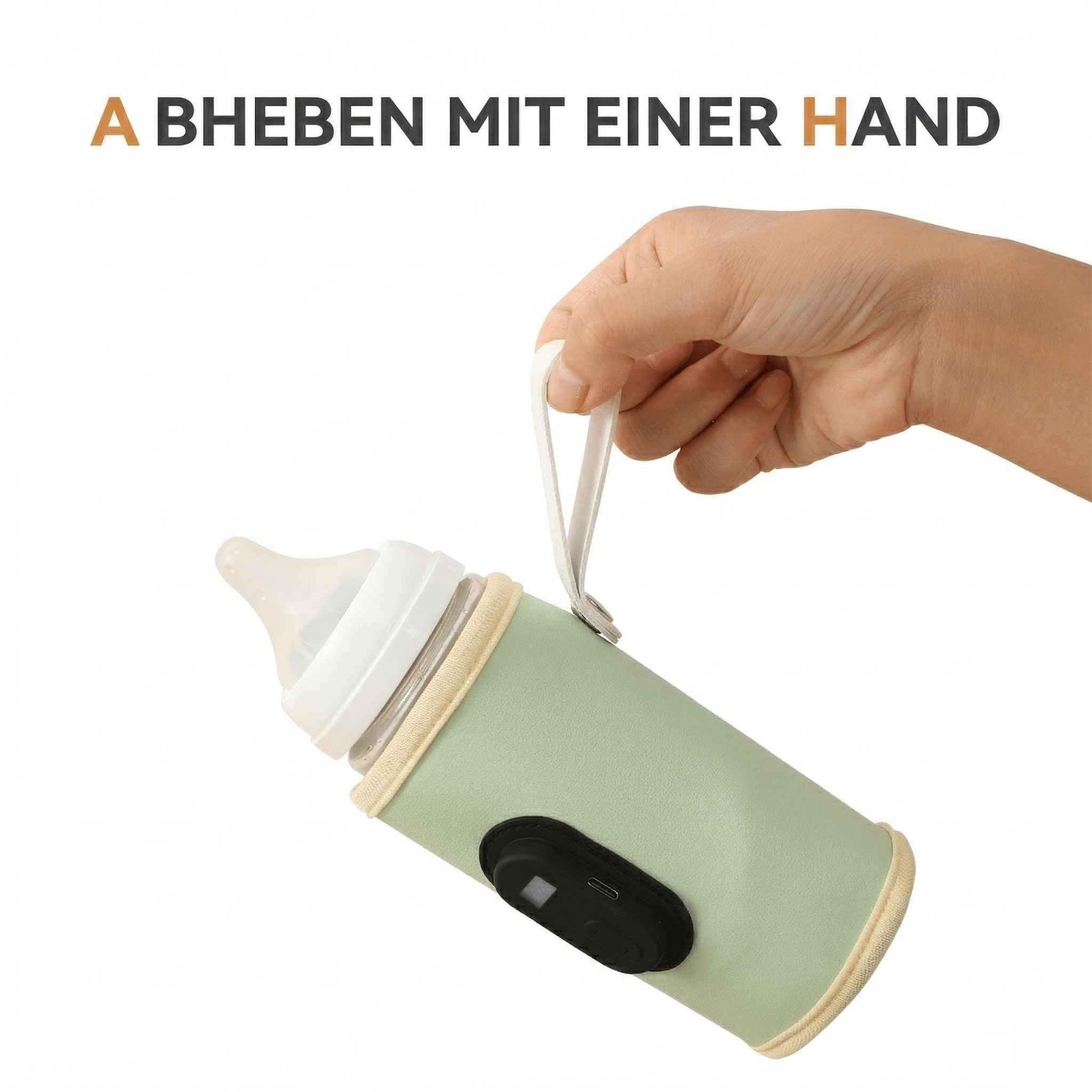 Eine Hand hält eine Babyflasche mit einem hellgrünen Bezug und einem schwarzen Bedienelement.
