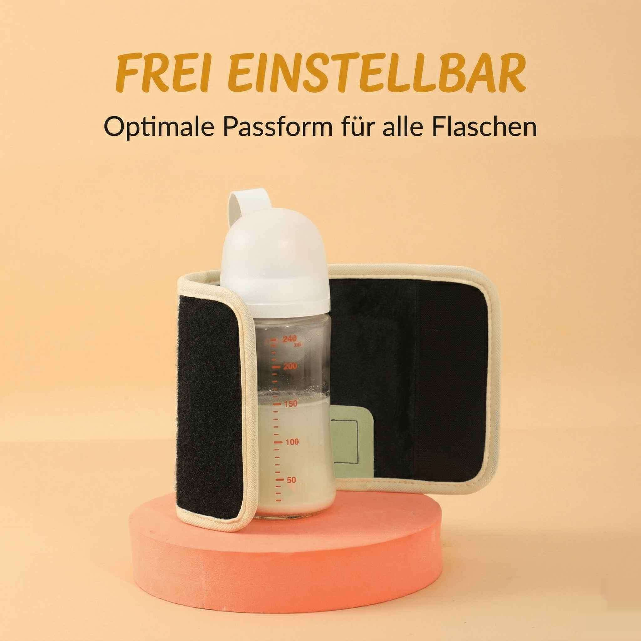 Ein Babyflaschenhalter mit Messskala, auf einem Pfirsich-Podest.