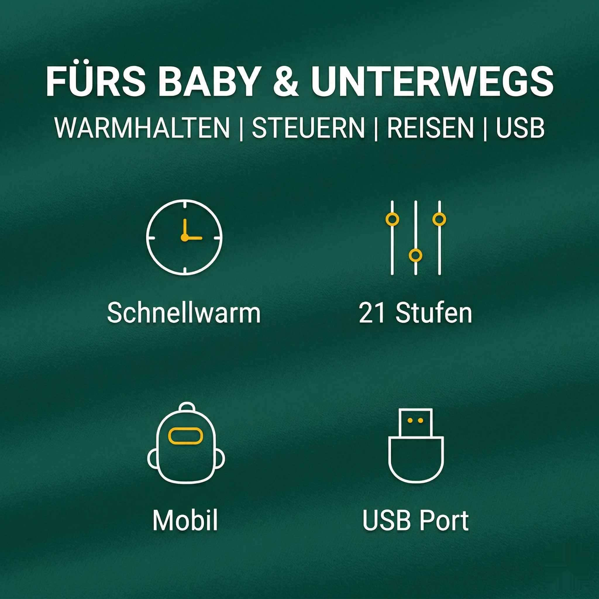 Für Baby & unterwegs: Schnellwarm, 21 Stufen, mobil, USB-Anschluss.