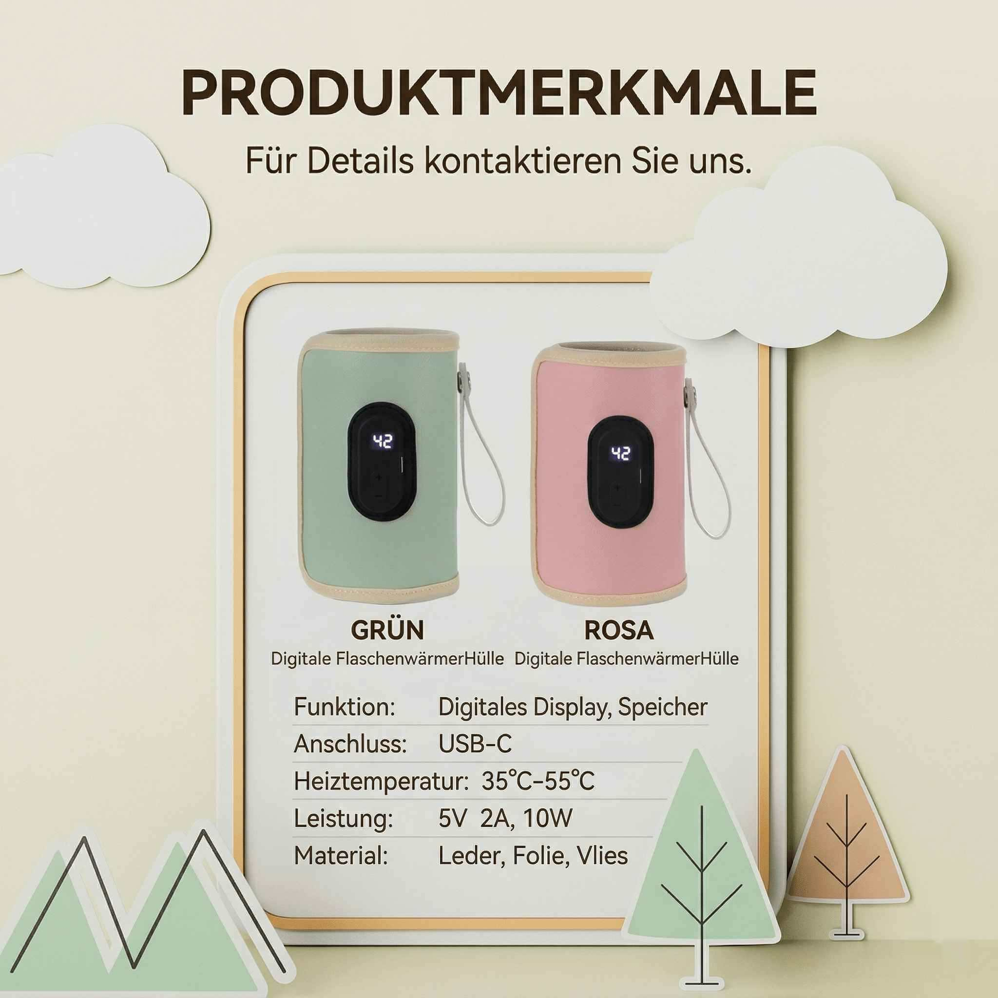 Zwei digitale Flaschenwärmer: Grün und Rosa. Mit Display, USB-C, 35-55°C.