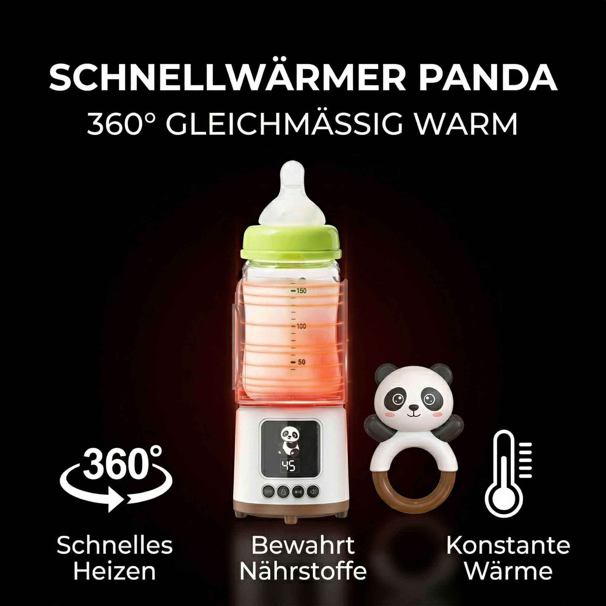 Ein Babyflaschenwärmer mit Pandadesign, der 360° gleichmäßig erwärmt.