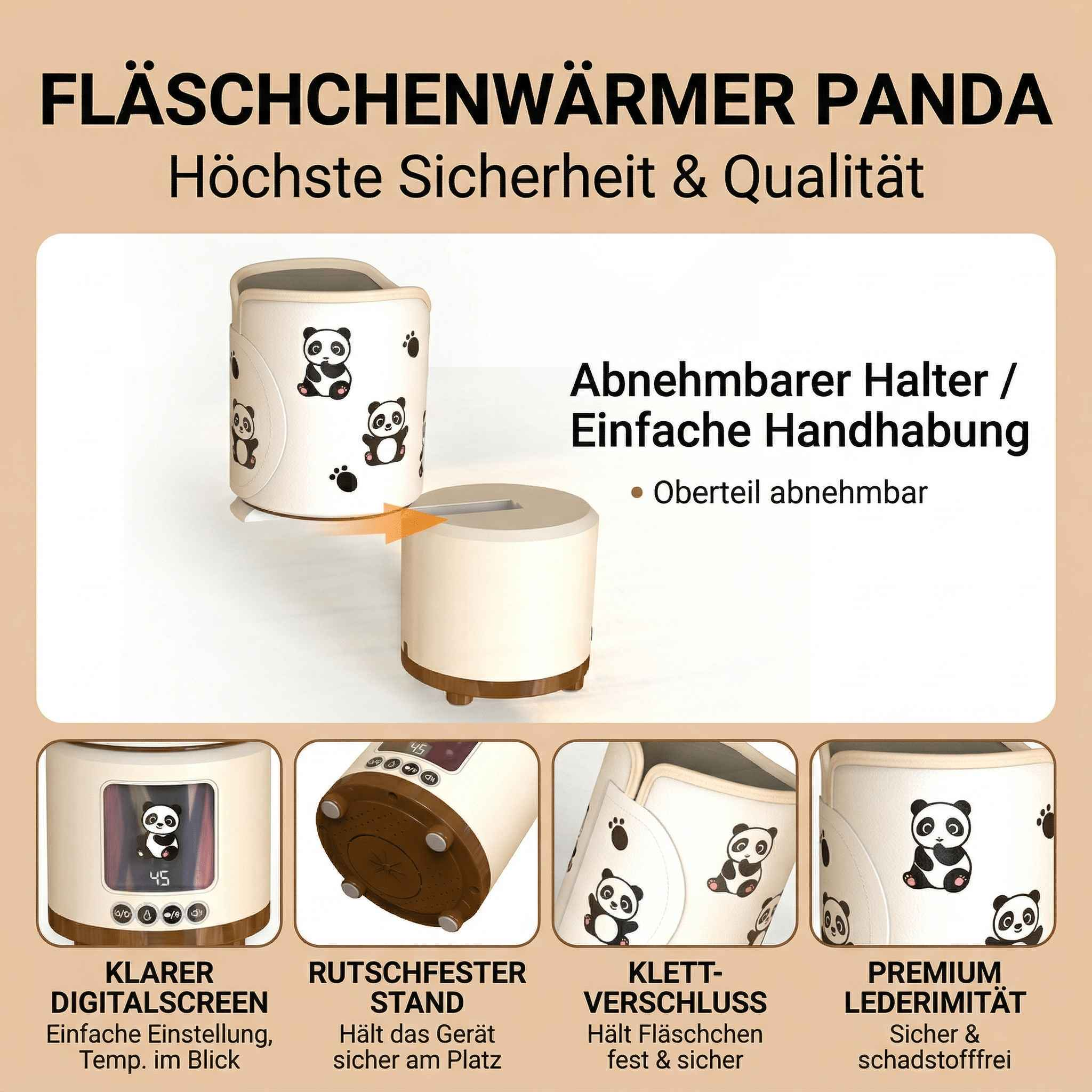 Ein Babyflaschenwärmer mit Panda-Motiv, abnehmbarem Halter und Digitalanzeige.