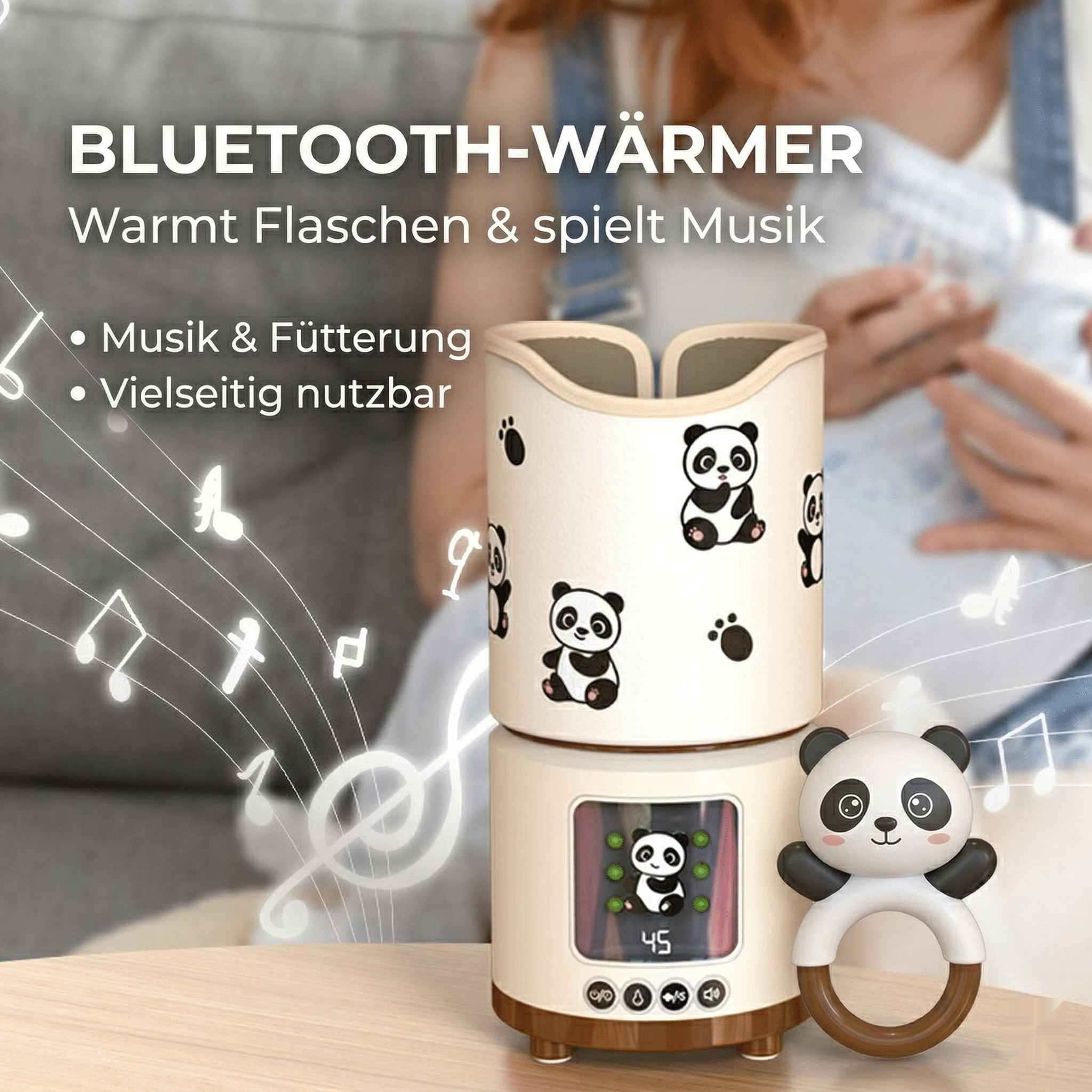 Ein Babyflaschenwärmer mit Panda-Motiv, der Musik spielt und eine digitale Anzeige hat.