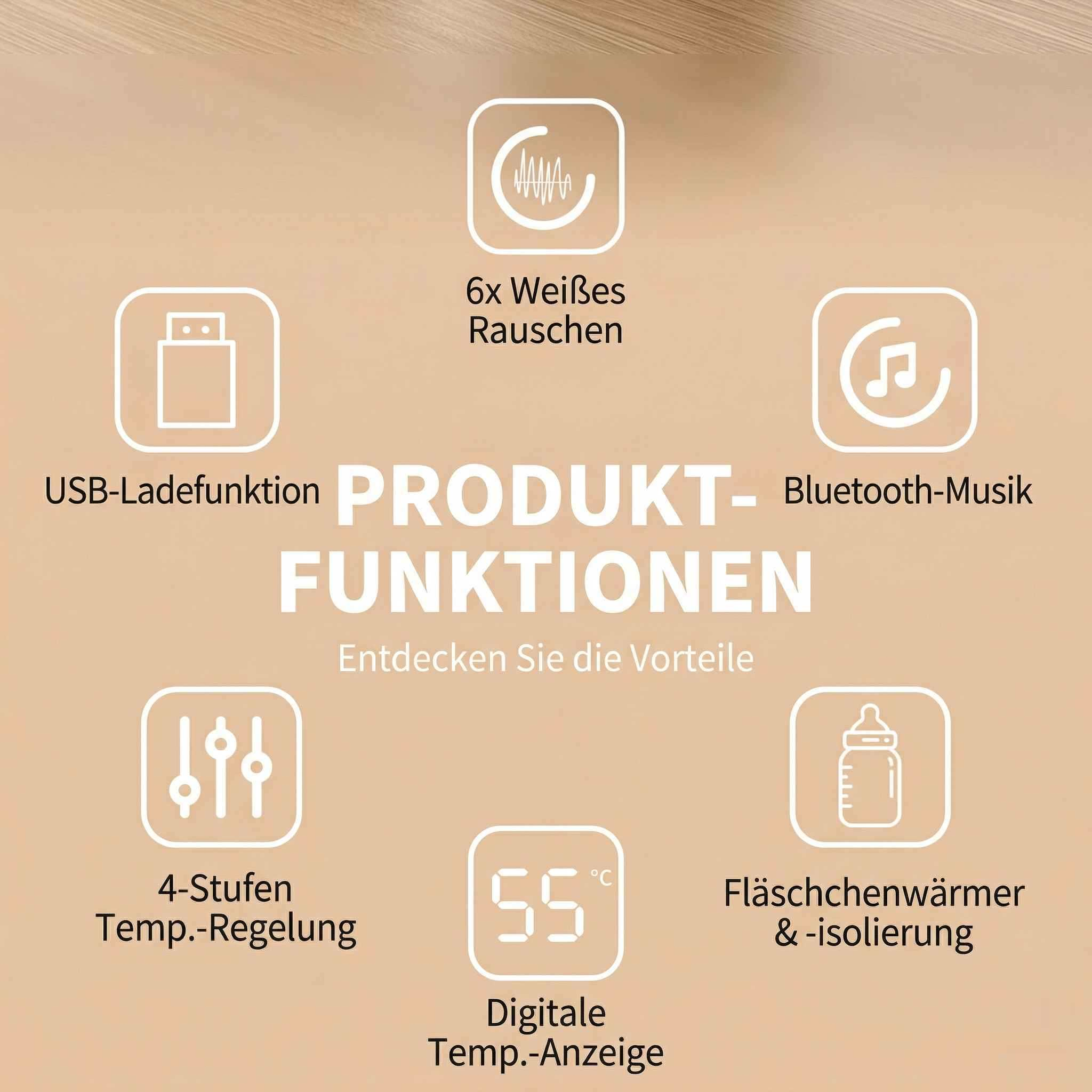 Produktfunktionen: 6x weißes Rauschen, USB-Laden, Bluetooth-Musik, 4-Stufen-Temp., digitale Anzeige, Flaschenwärmer.