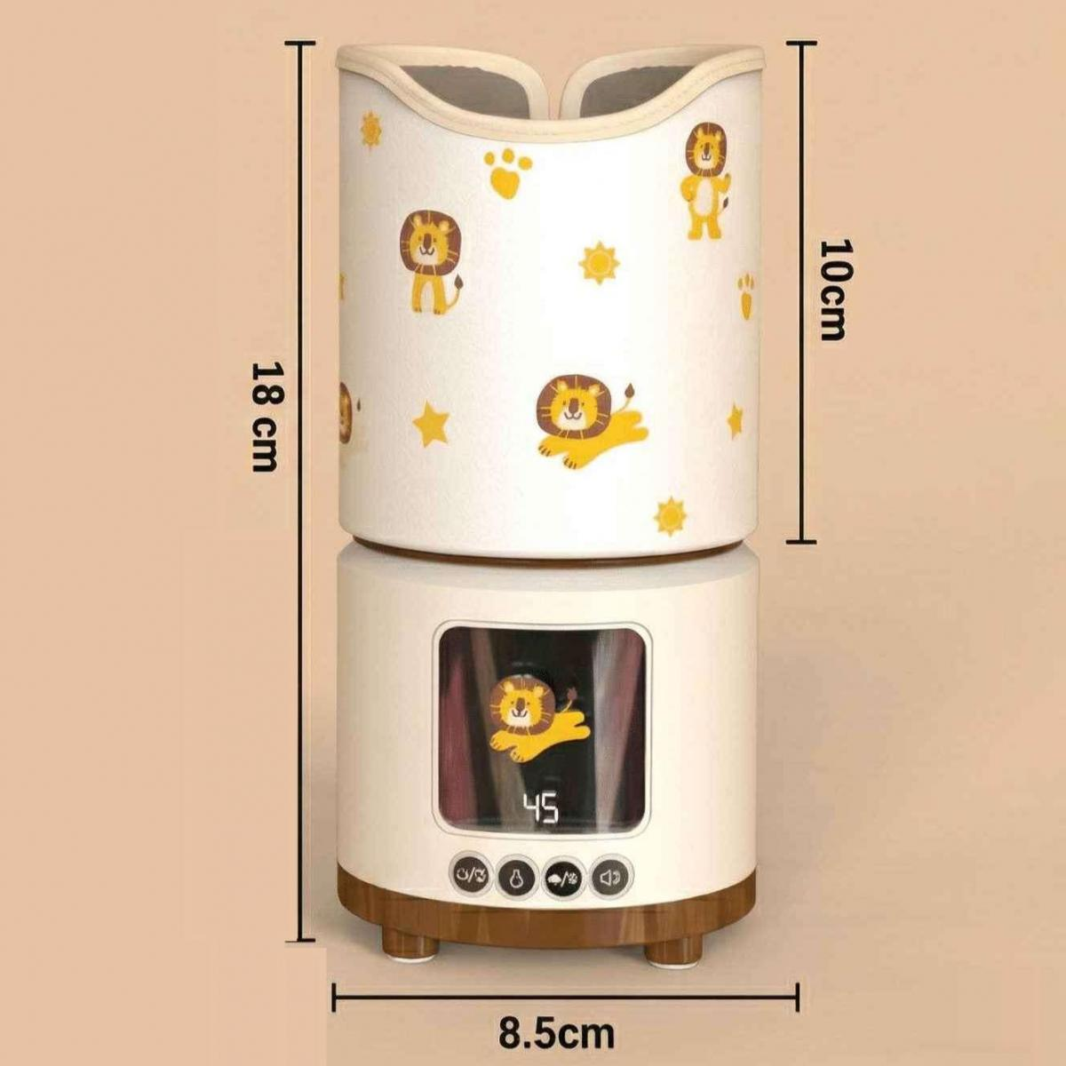Ein weißer zylindrischer Diffusor mit Löwenmotiven und einem digitalen Display.