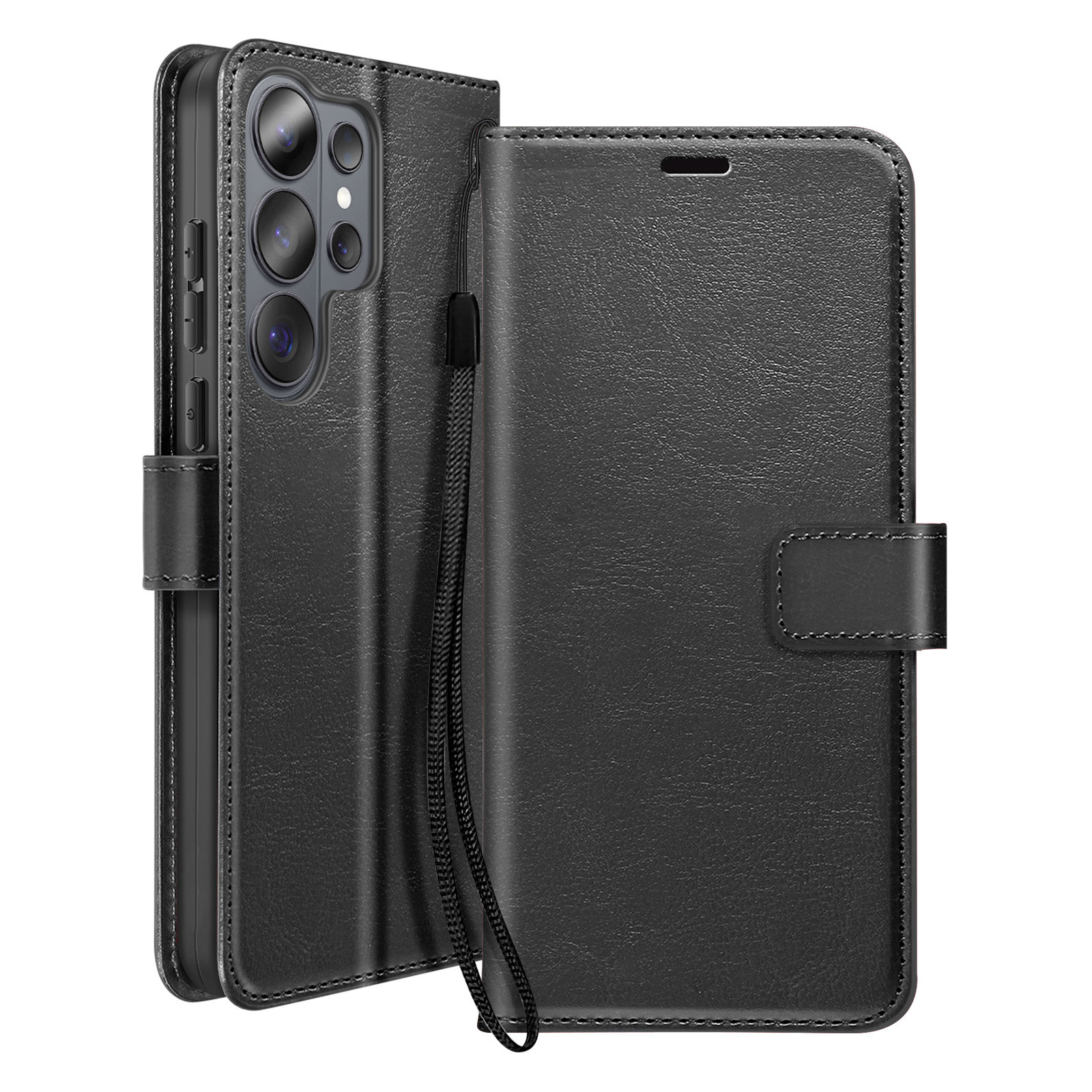 Étui de téléphone en cuir noir avec protection caméra et lanière.