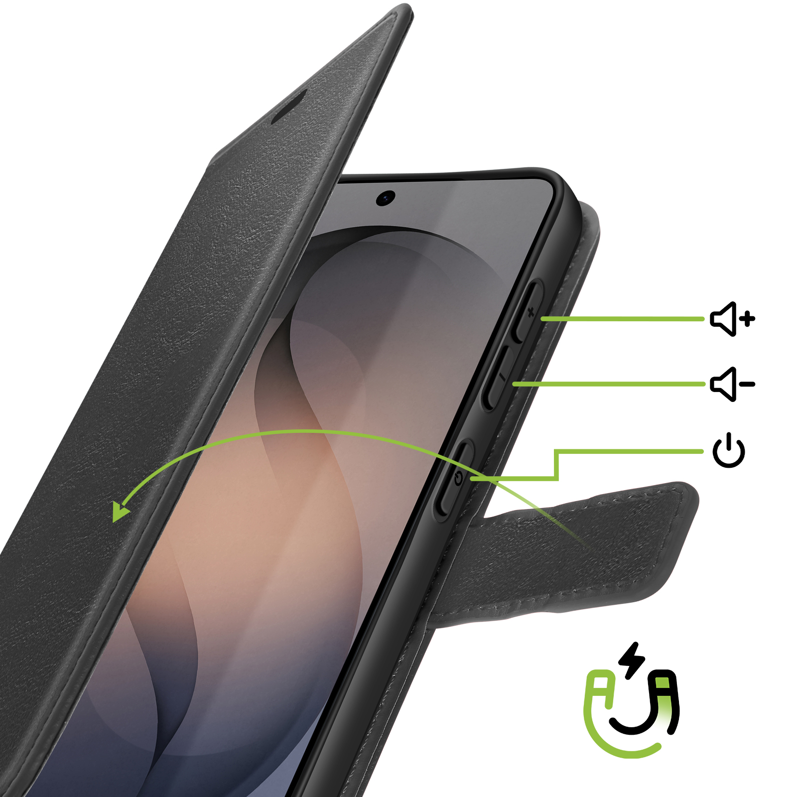 Coque de téléphone noire avec rabat ouvert, boutons de volume et symbole d'alimentation.