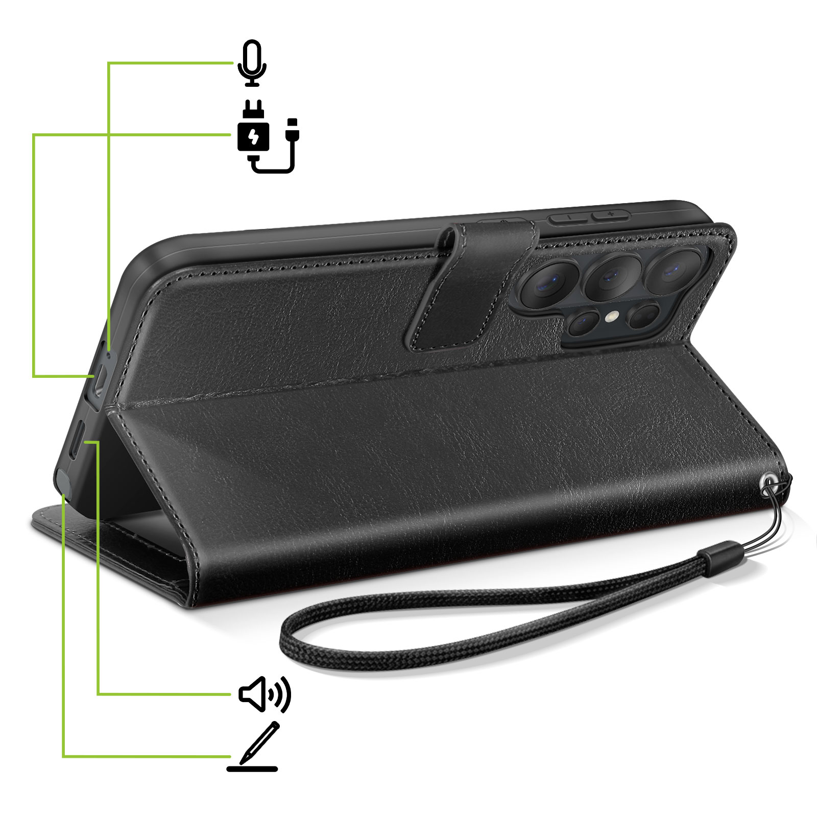Étui de téléphone à rabat en cuir noir avec icônes de caméra et port de charge.