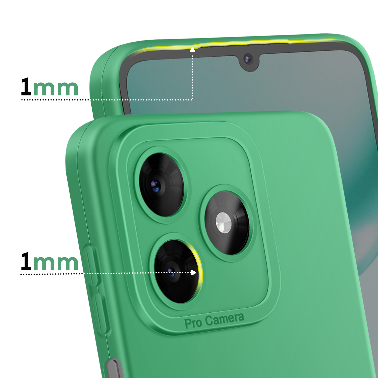 Coque verte pour téléphone avec bords surélevés de 1mm, montre trois caméras.