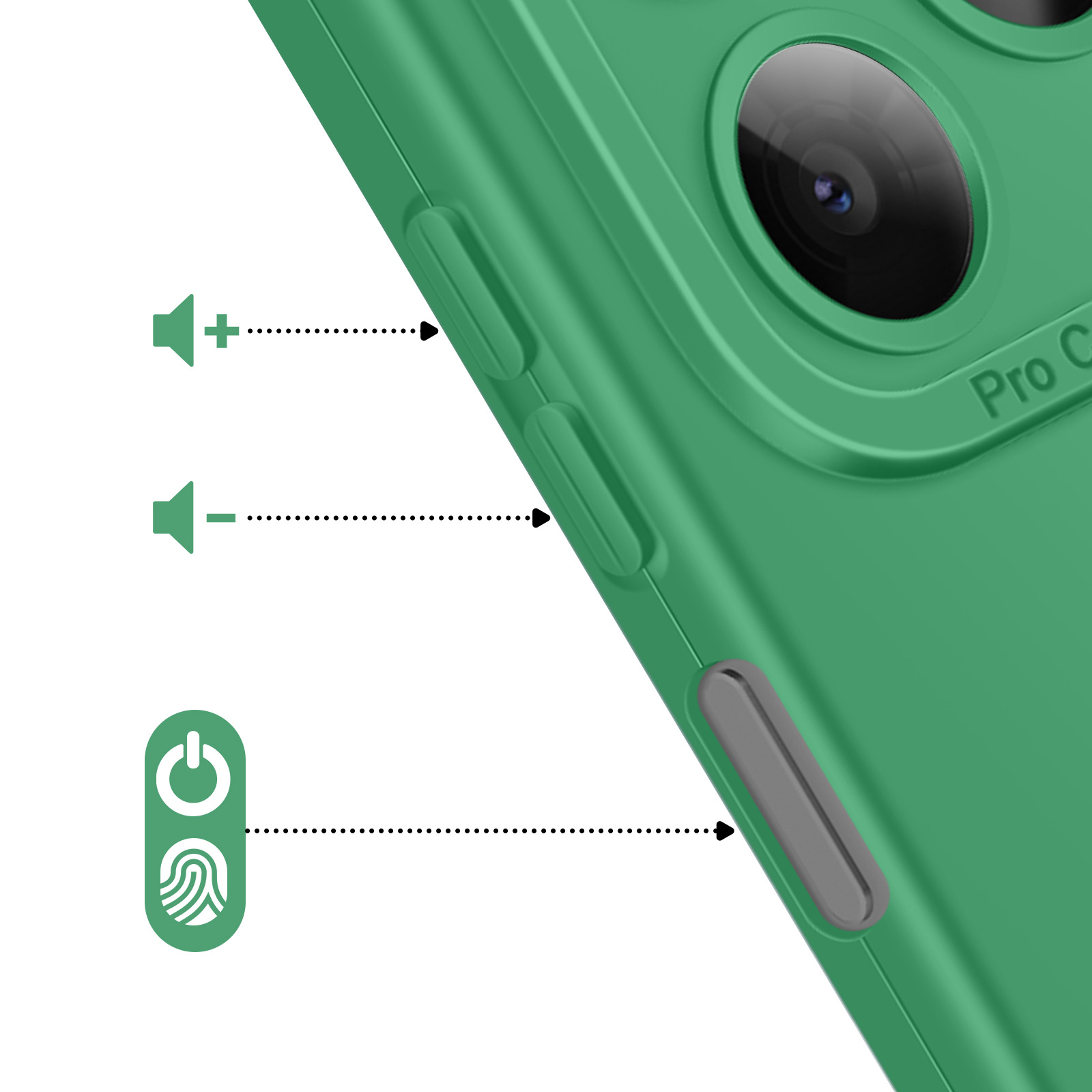 Coque de téléphone verte avec boutons volume et alimentation.