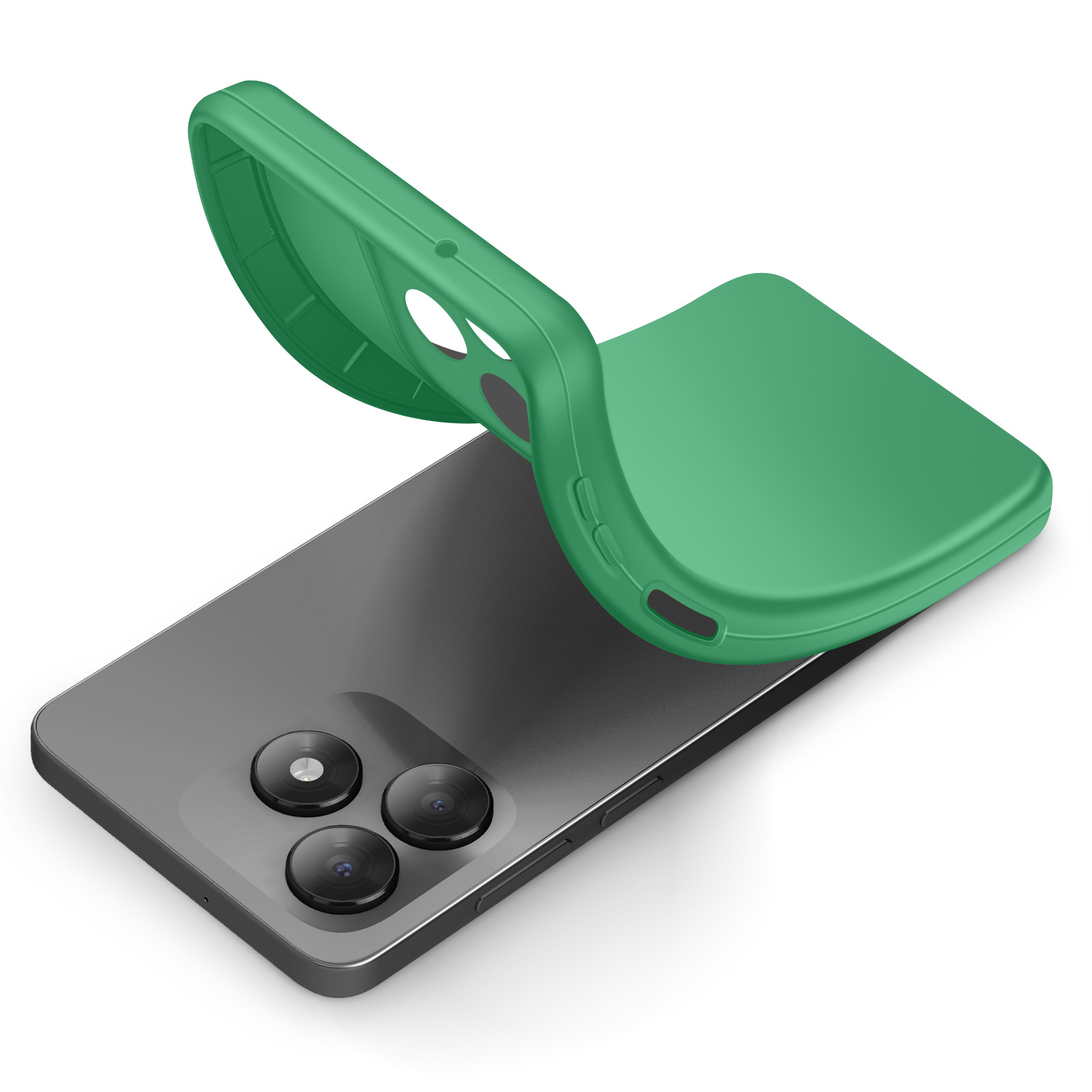 Coque de téléphone verte posée sur un smartphone sur fond blanc.