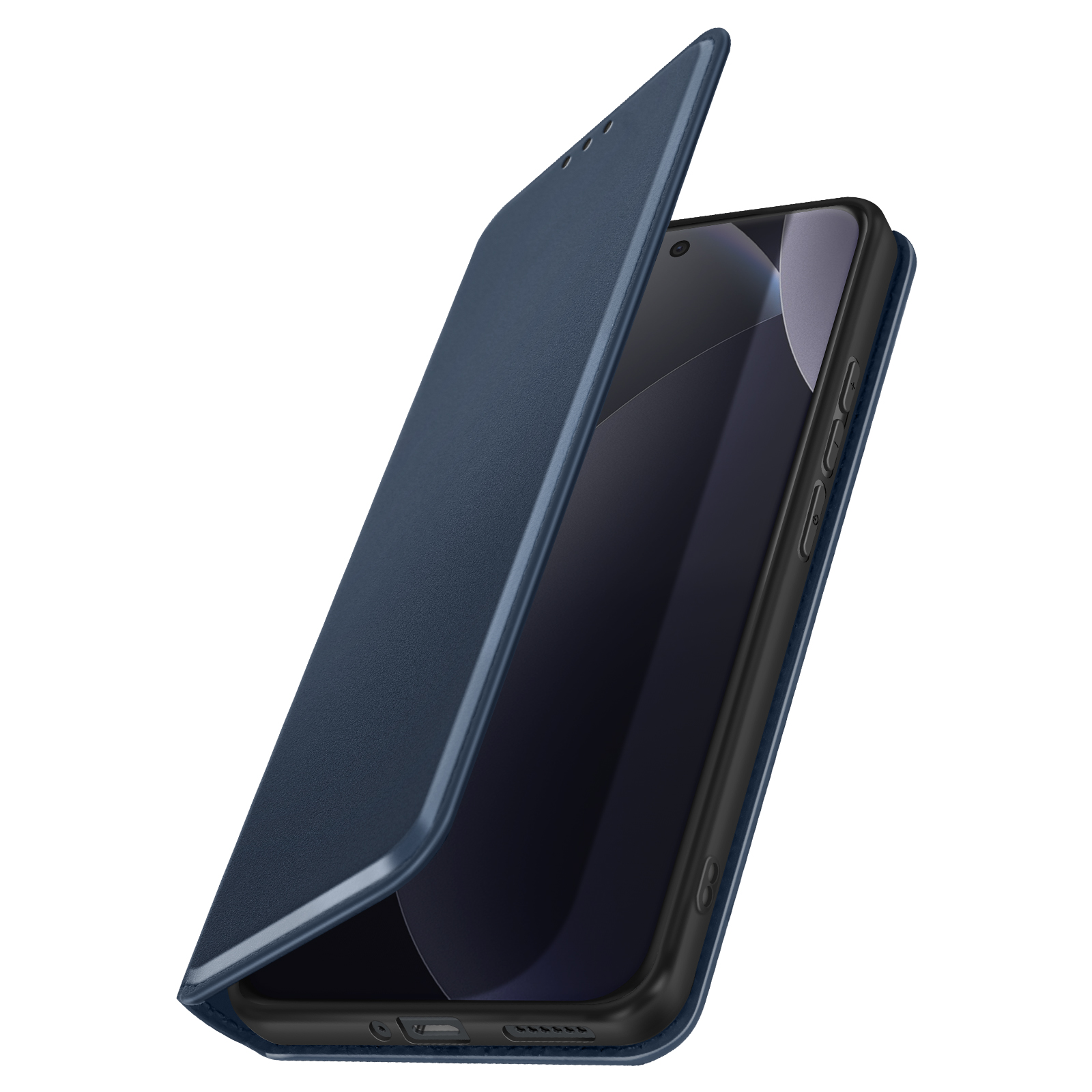 Una custodia a libro blu scuro per telefono è aperta, rivelando parte dello schermo.