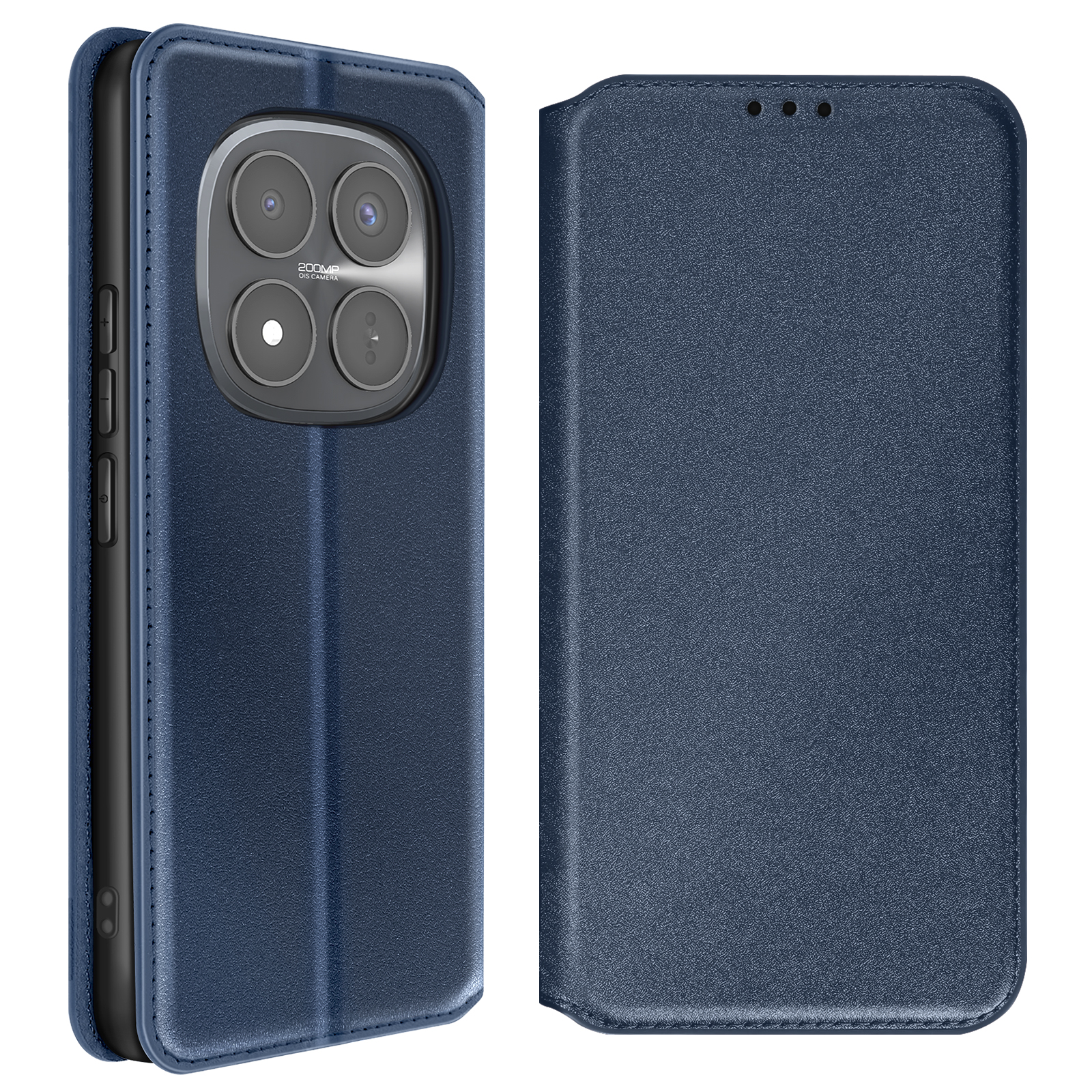 Custodia blu in pelle per smartphone con quattro fotocamere sul retro.