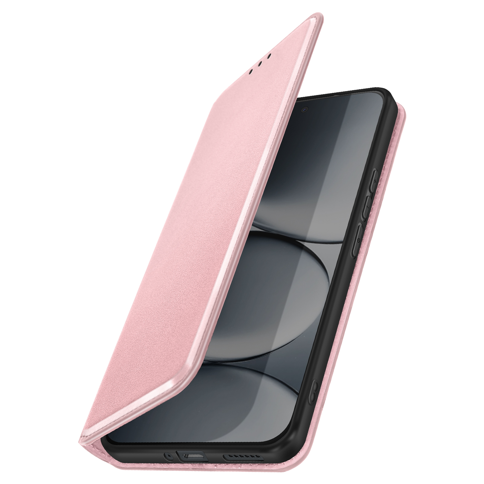 Una custodia per telefono rosa chiaro con la copertina leggermente aperta.