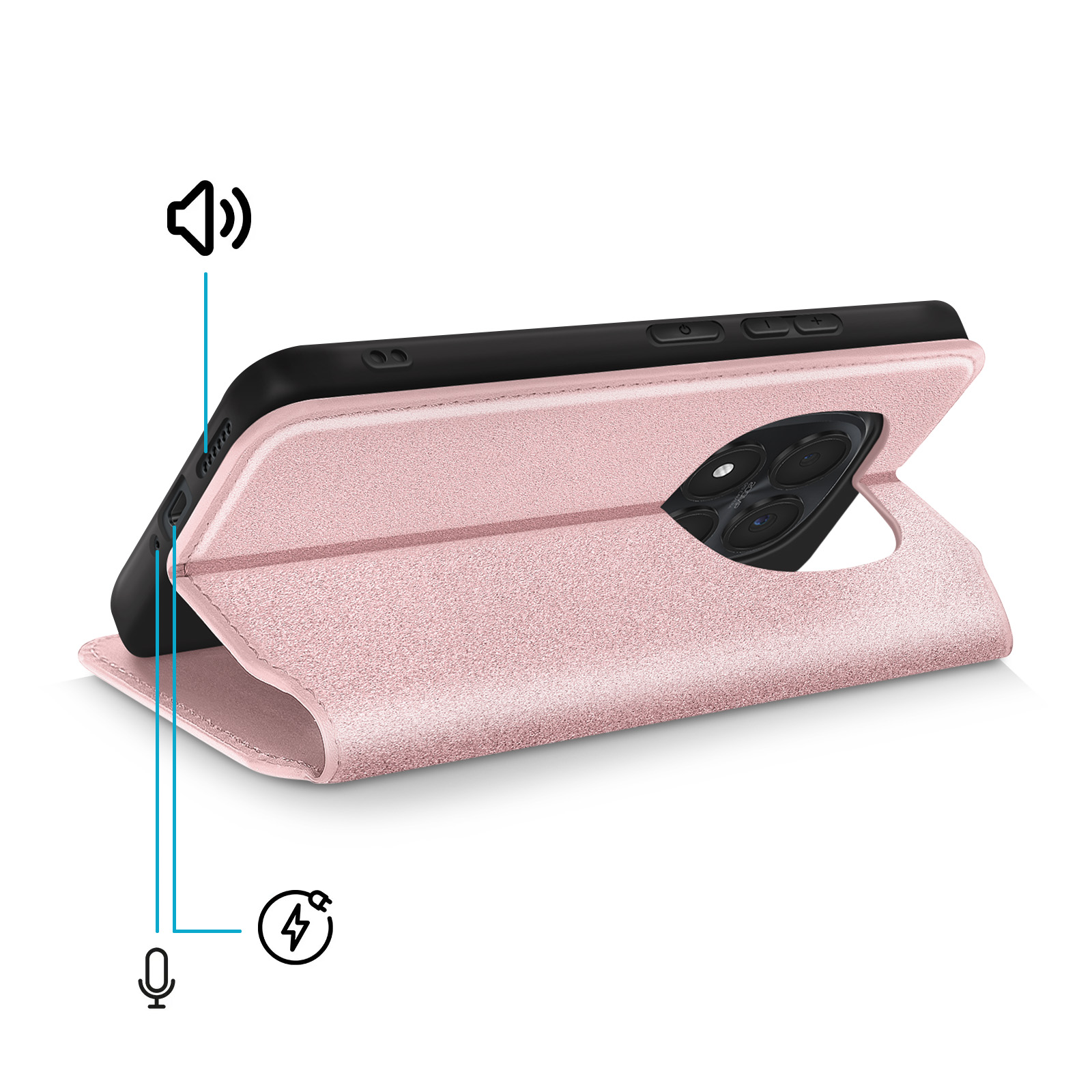 Un telefono rosa in una custodia che funge da supporto.