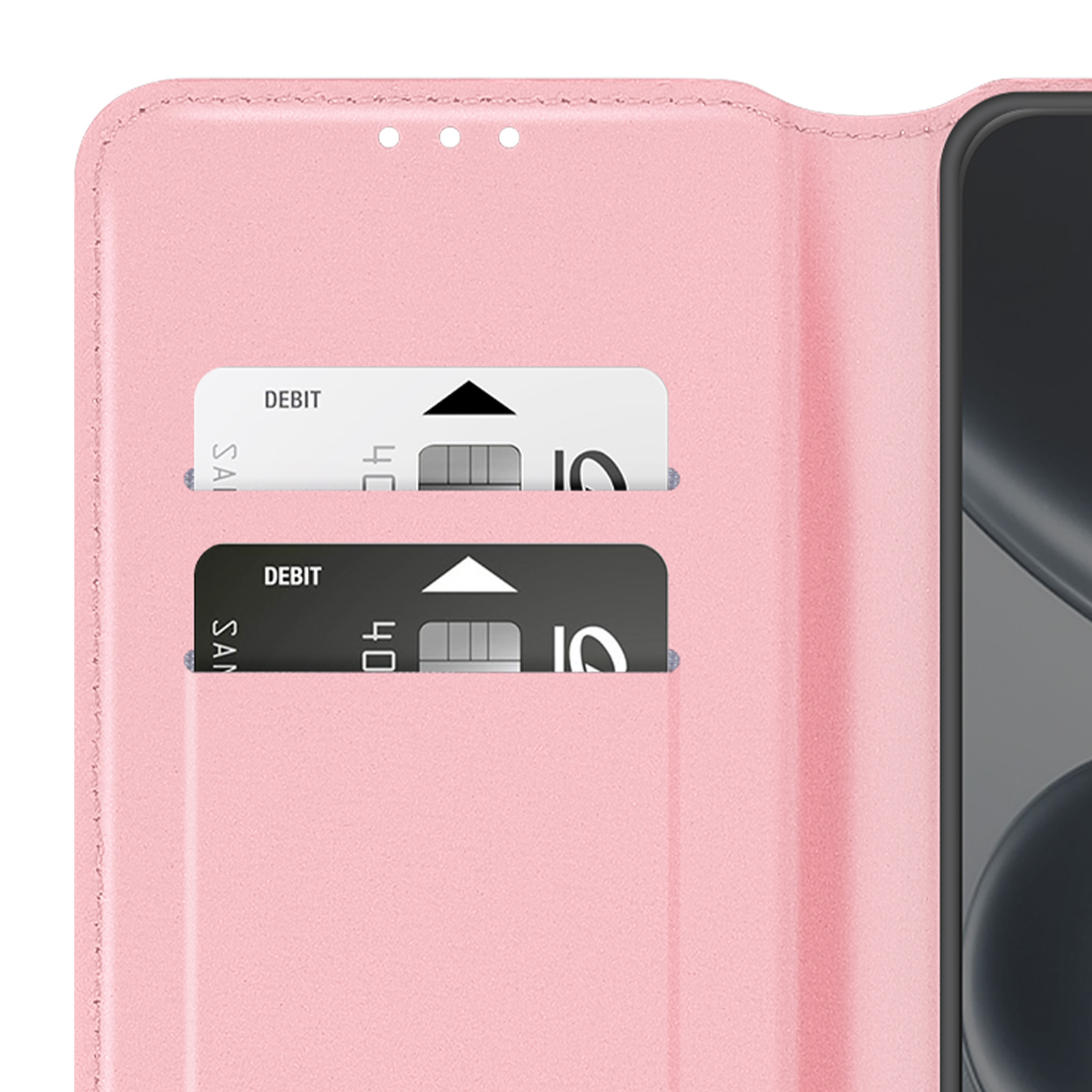 Una custodia rosa per telefono con due fessure per carte e due carte.