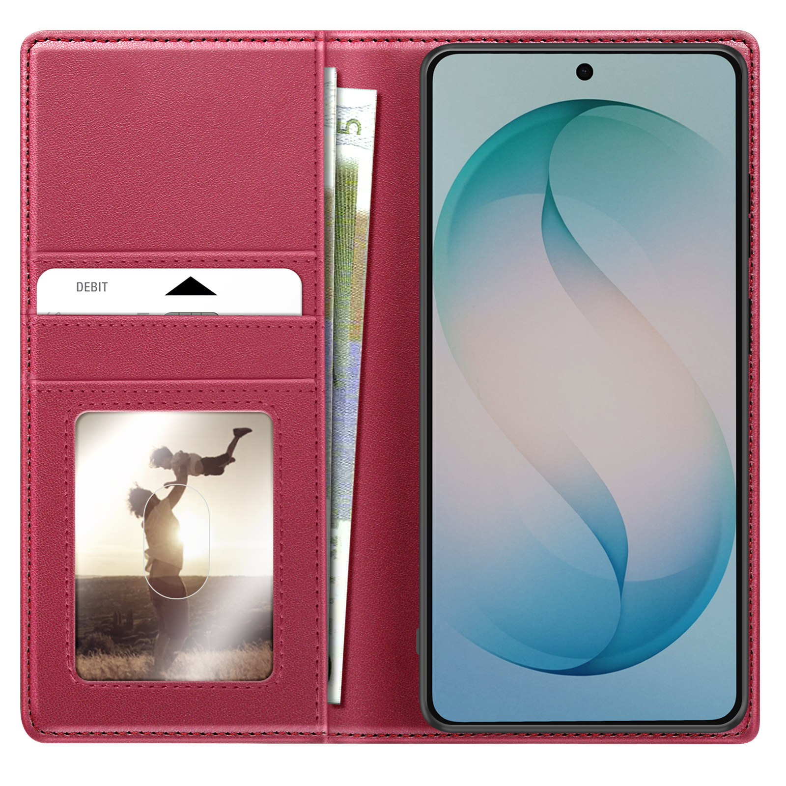 Custodia rossa per telefono con tasche per carte, soldi e foto di madre e figlio.