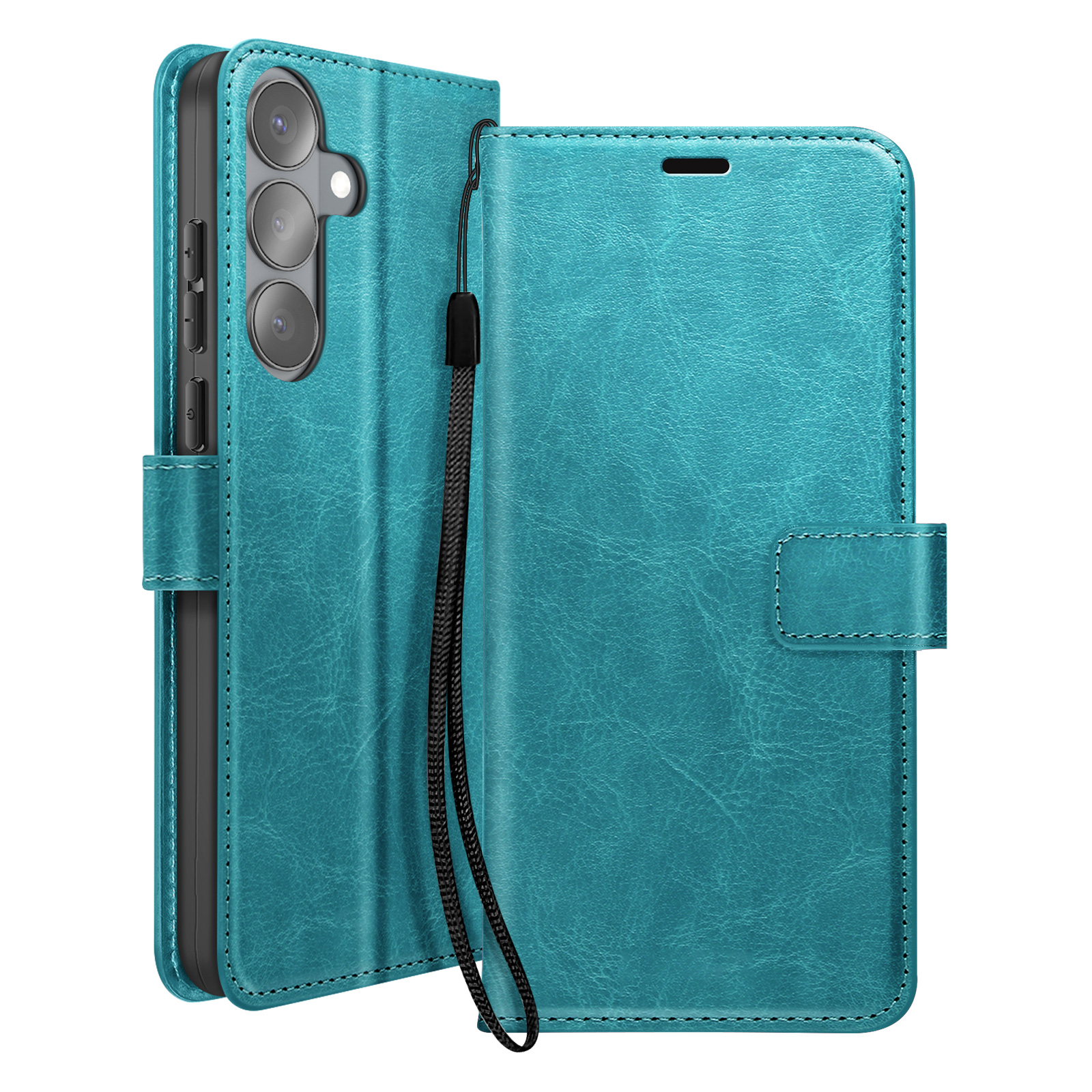 Turquoise leren telefoonhoes met camera's en polsband.