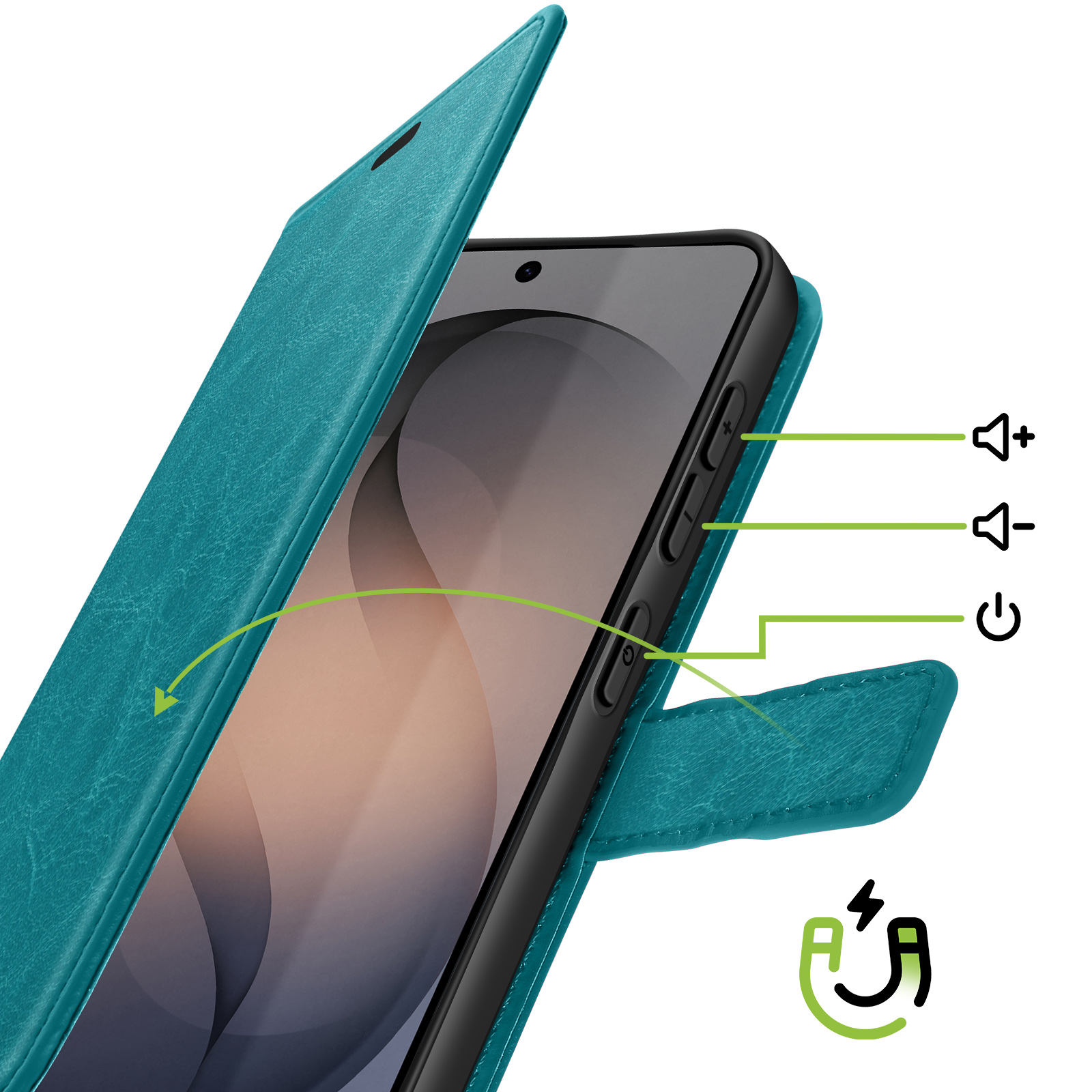 Turquoise telefoonhoesje open, toont telefoonknoppen voor volume en aan/uit.