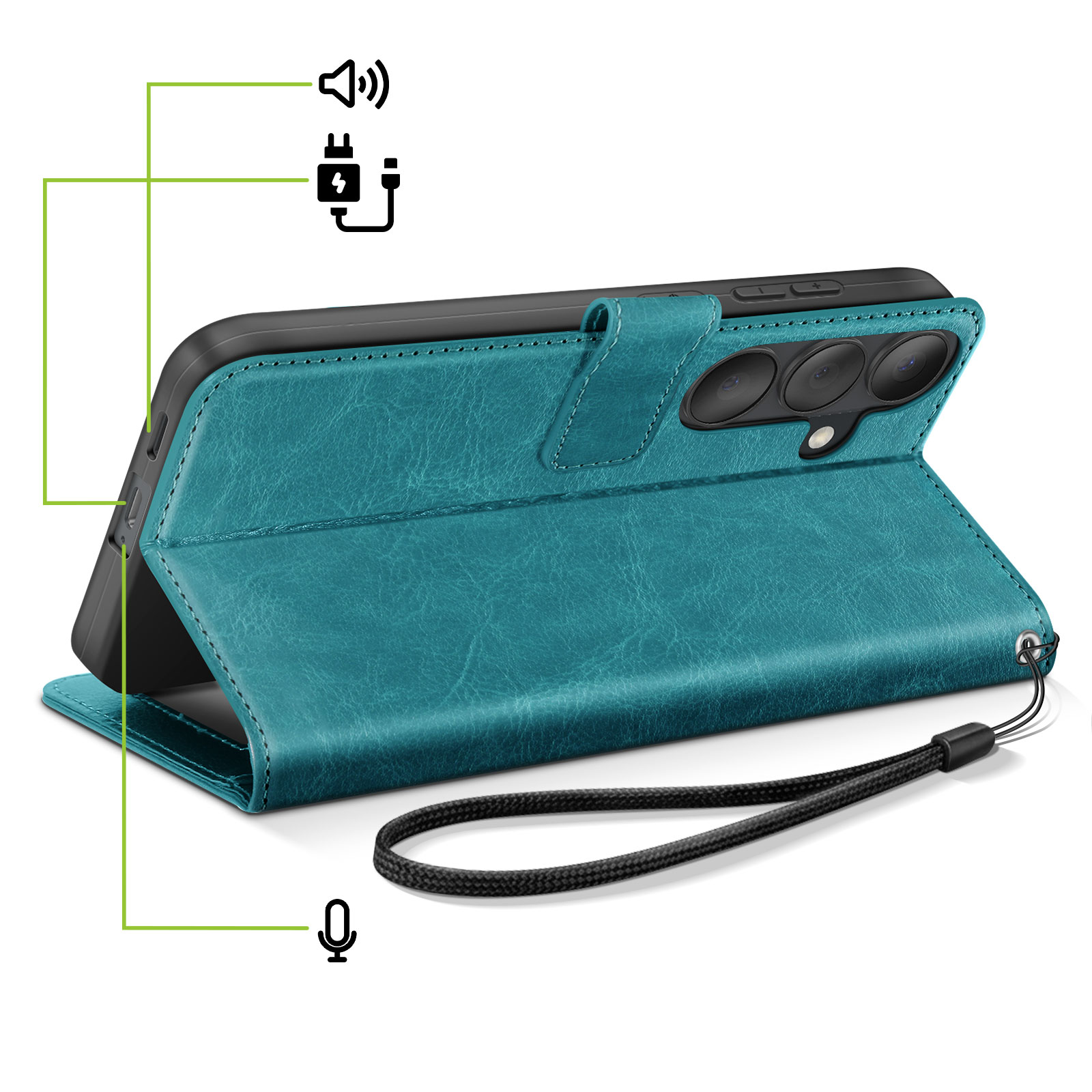Turquoise flip telefoonhoes open, met camera-uitsparing en oplaadpoort.