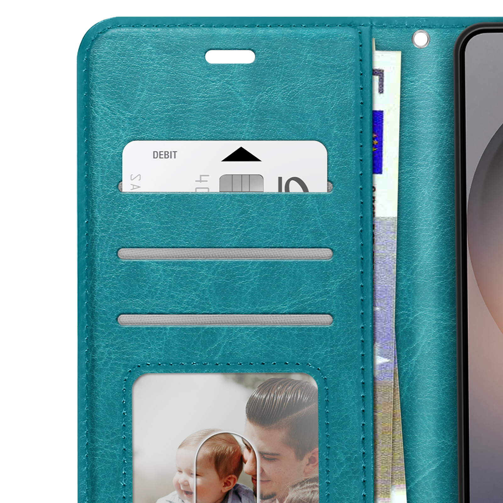 Turquoise portemonnee met kaartsleuven, contant geld en foto van baby en vader.