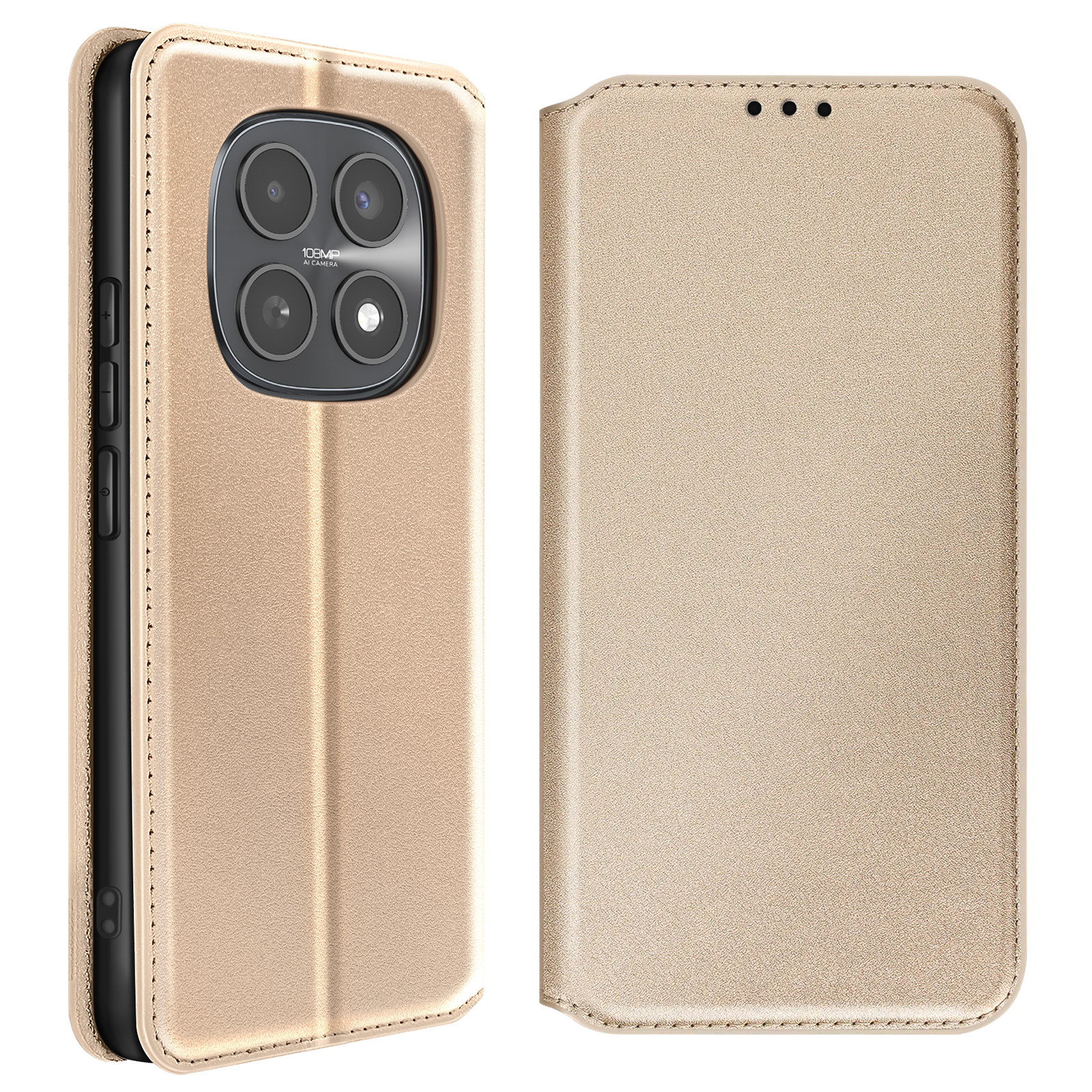 Custodia dorata per telefono con ritaglio fotocamera e pulsanti.