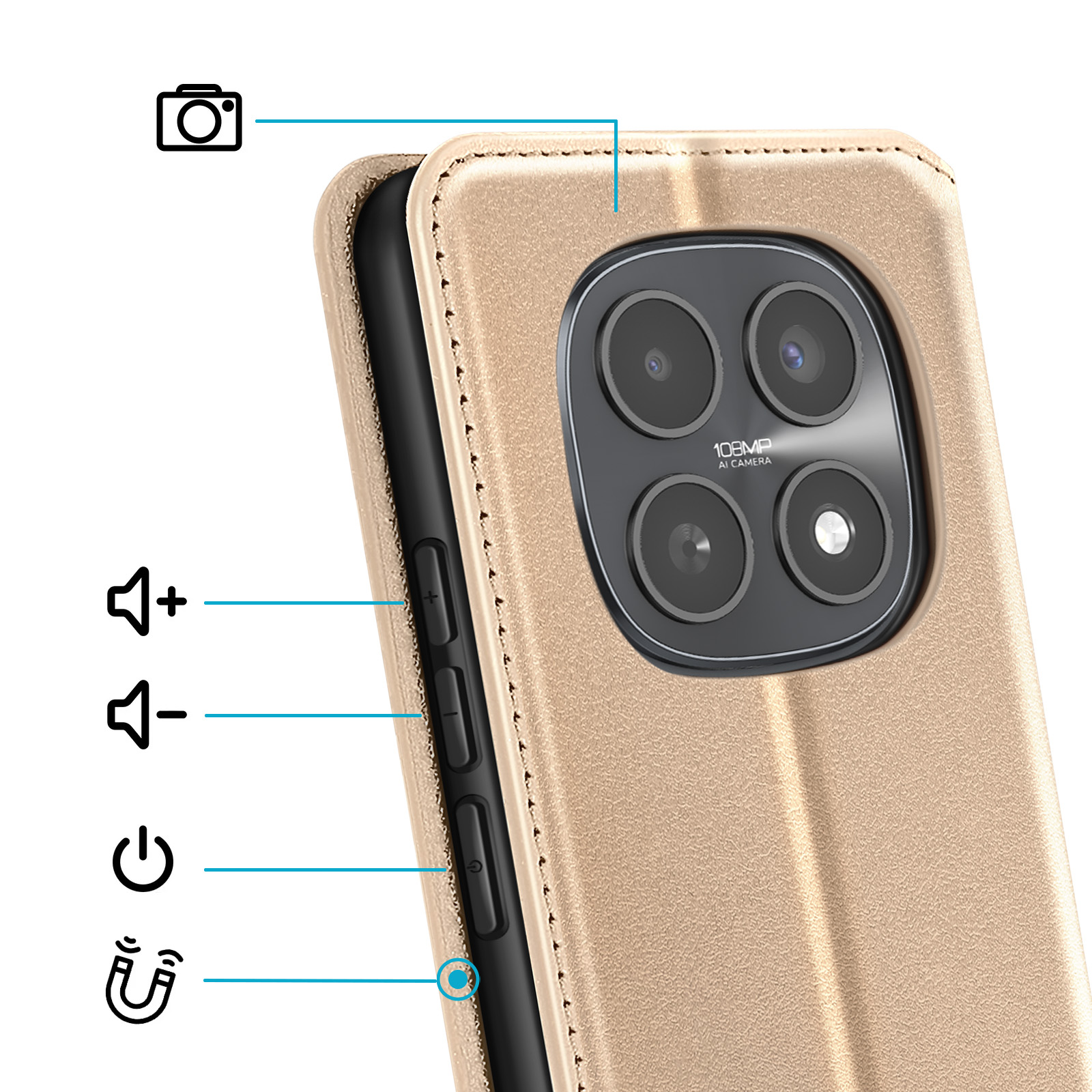 Custodia dorata per telefono primo piano che mostra icone di fotocamera, volume, accensione e chiusura magnetica.