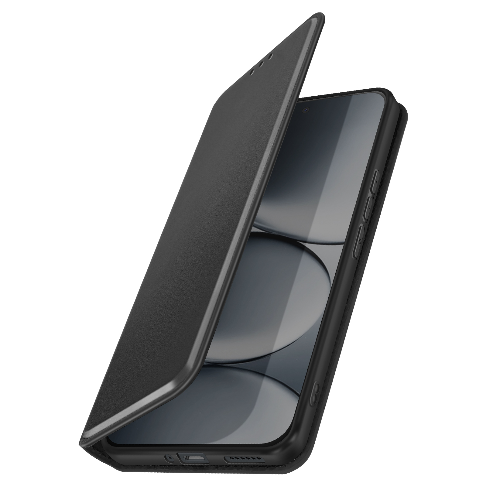 Smartphone nero con custodia a libro aperta, che rivela una protezione per lo schermo.