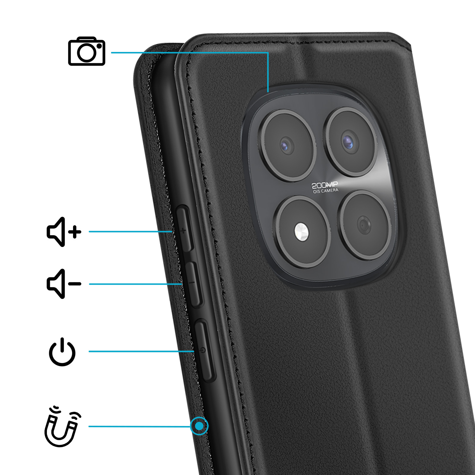 Custodia nera per telefono con modulo fotocamera e pulsanti laterali.
