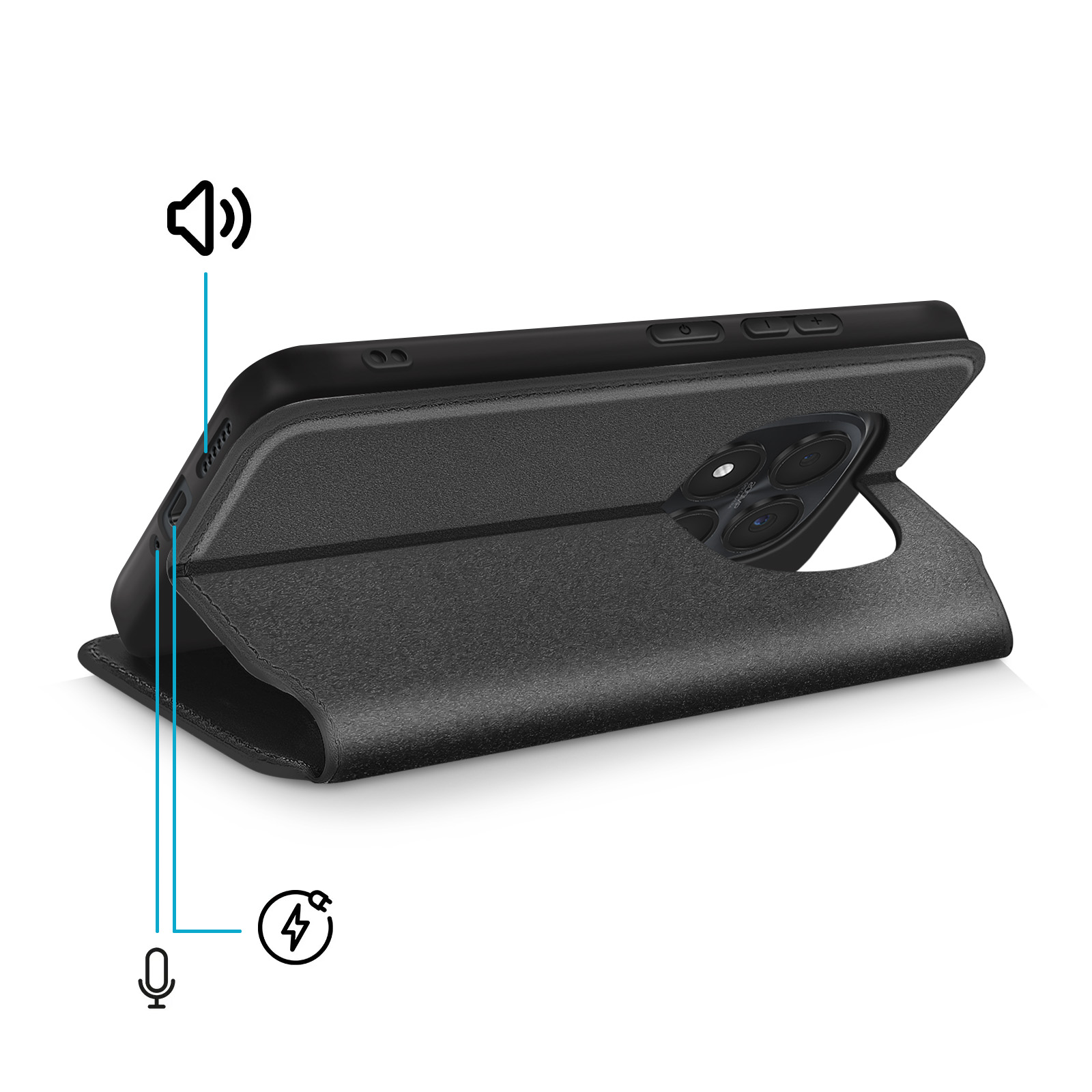 Custodia nera per telefono con funzione stand, icone altoparlante e porta di ricarica.