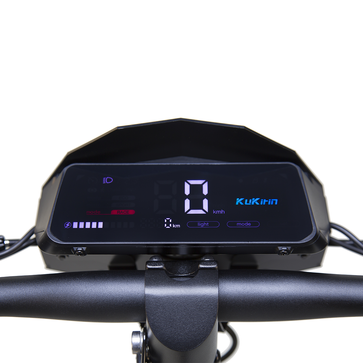 Wyświetlacz hulajnogi elektrycznej: prędkość 0 km/h, poziom baterii, tryby.