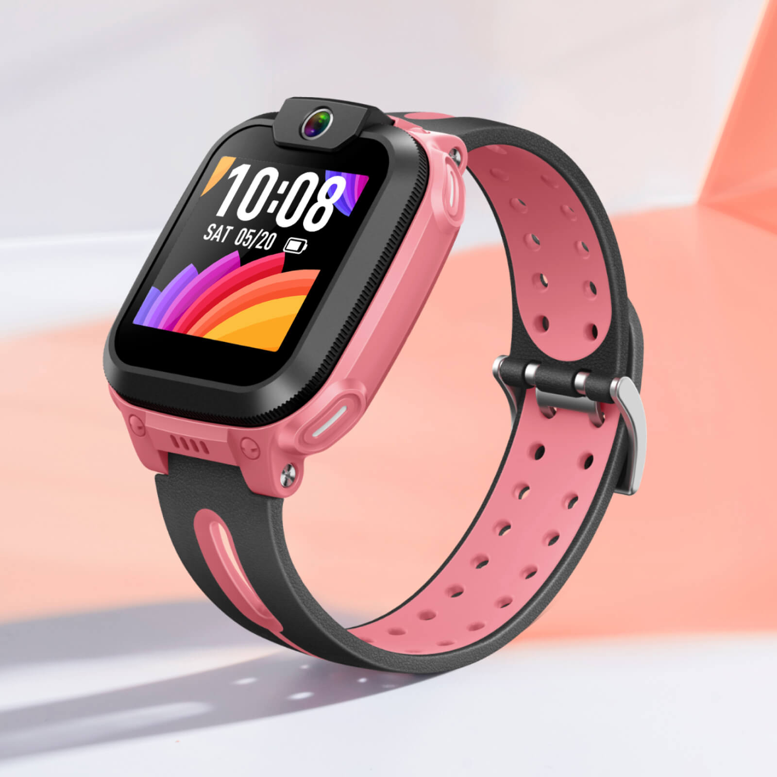 Uno smartwatch rosa con cinturino nero e display digitale colorato.