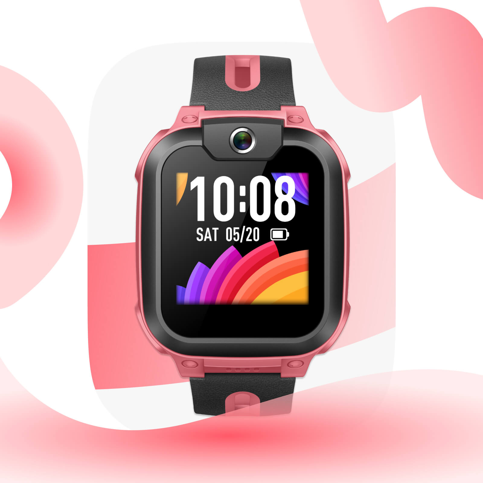 Uno smartwatch rosa con cinturino nero mostra le 10:08 e la data.