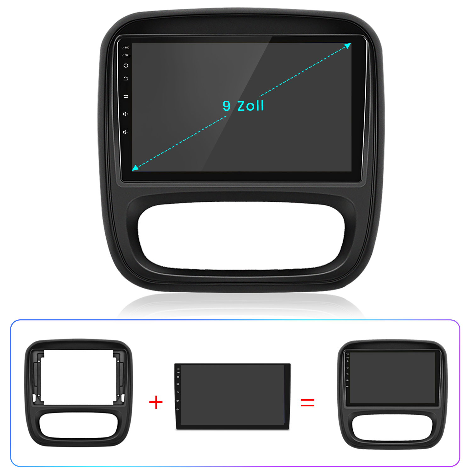 Einbau-Kit für ein 9-Zoll-Autoradio mit schwarzem Rahmen und Display.