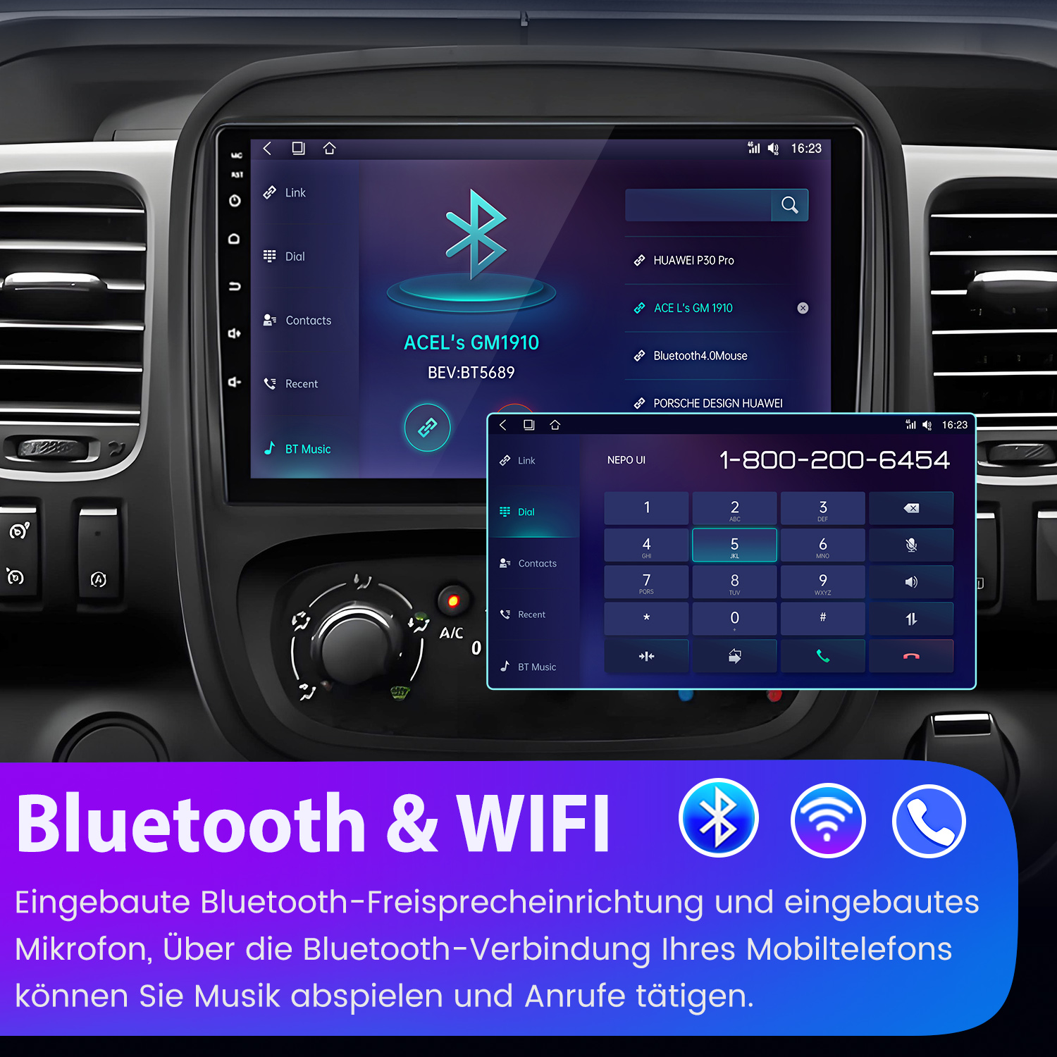 Autoinnenraum mit Infotainment-Bildschirm, der Bluetooth- und Anruffunktionen anzeigt.