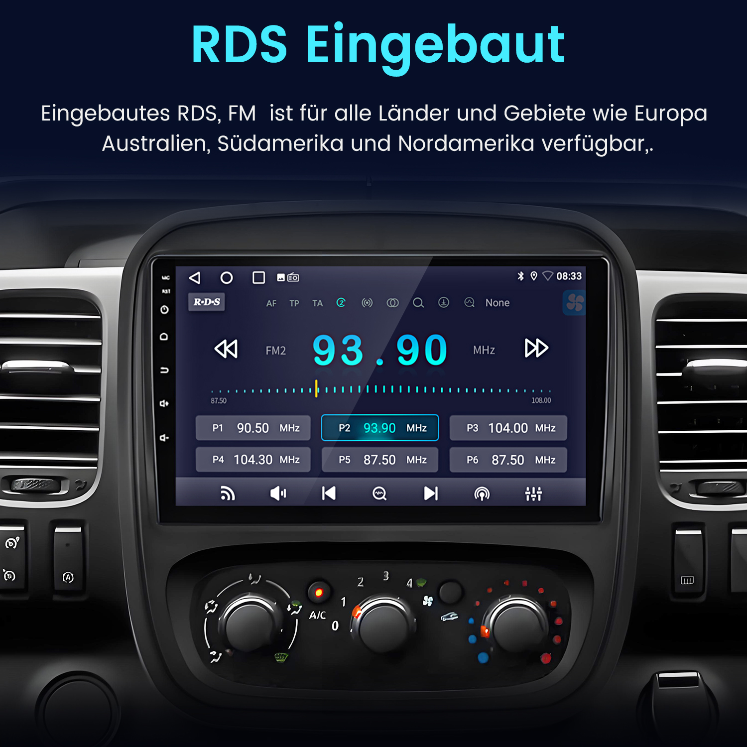 Einbau-RDS-FM-Radio in einem Auto mit Touchscreen und Bedienelementen.