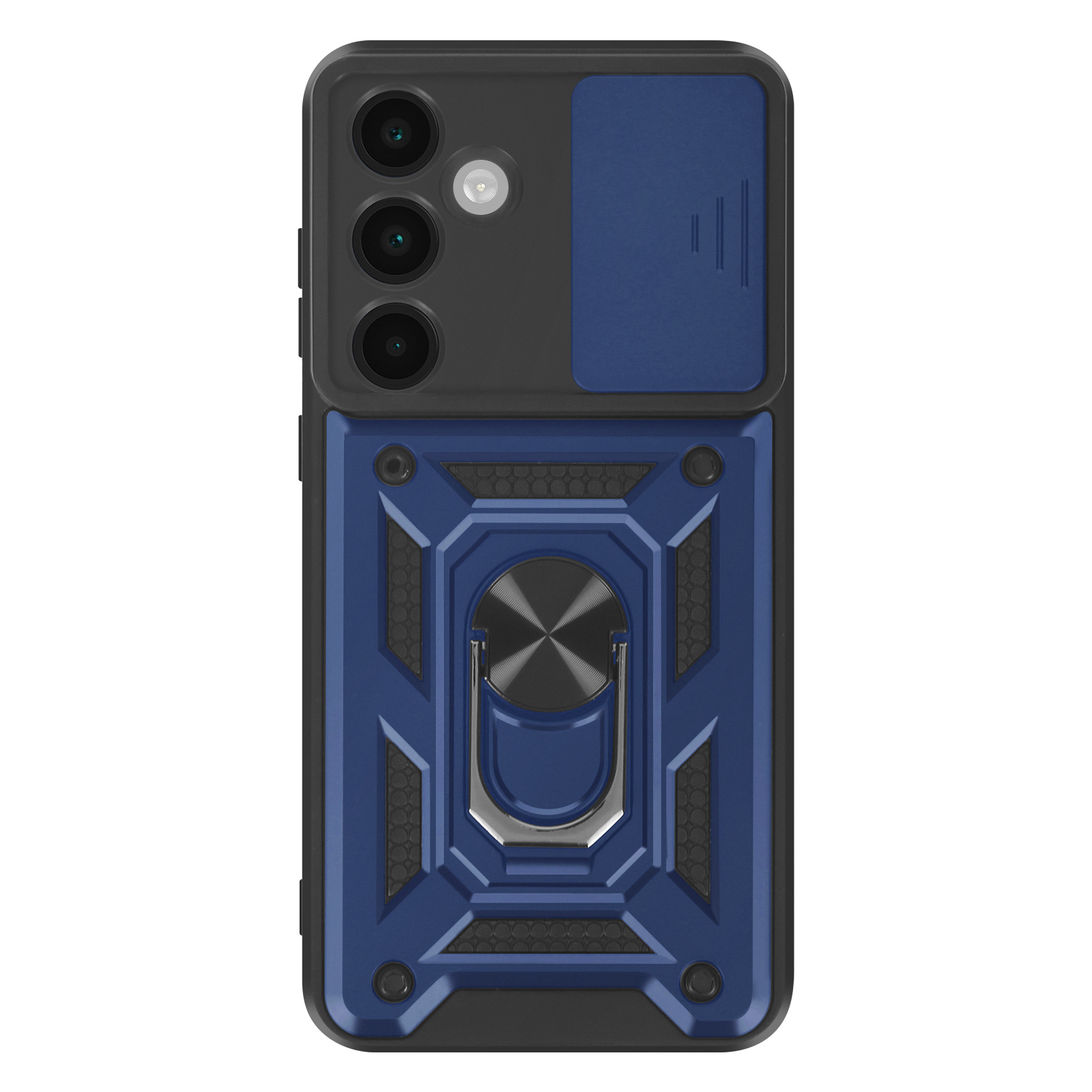 Donkerblauwe telefoonhoes met drie camera's en een ringhouder.