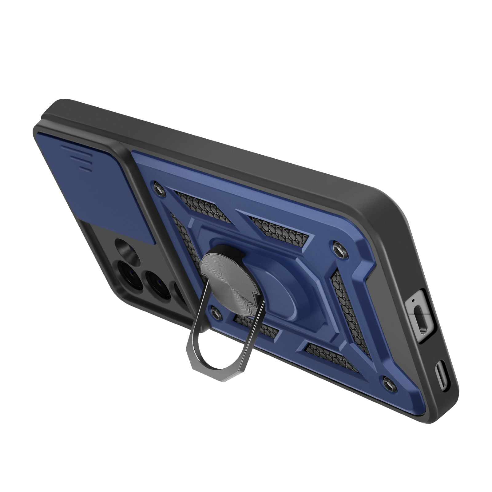 Blauwe telefoonhoes met zwart frame en geïntegreerde ringhouder.