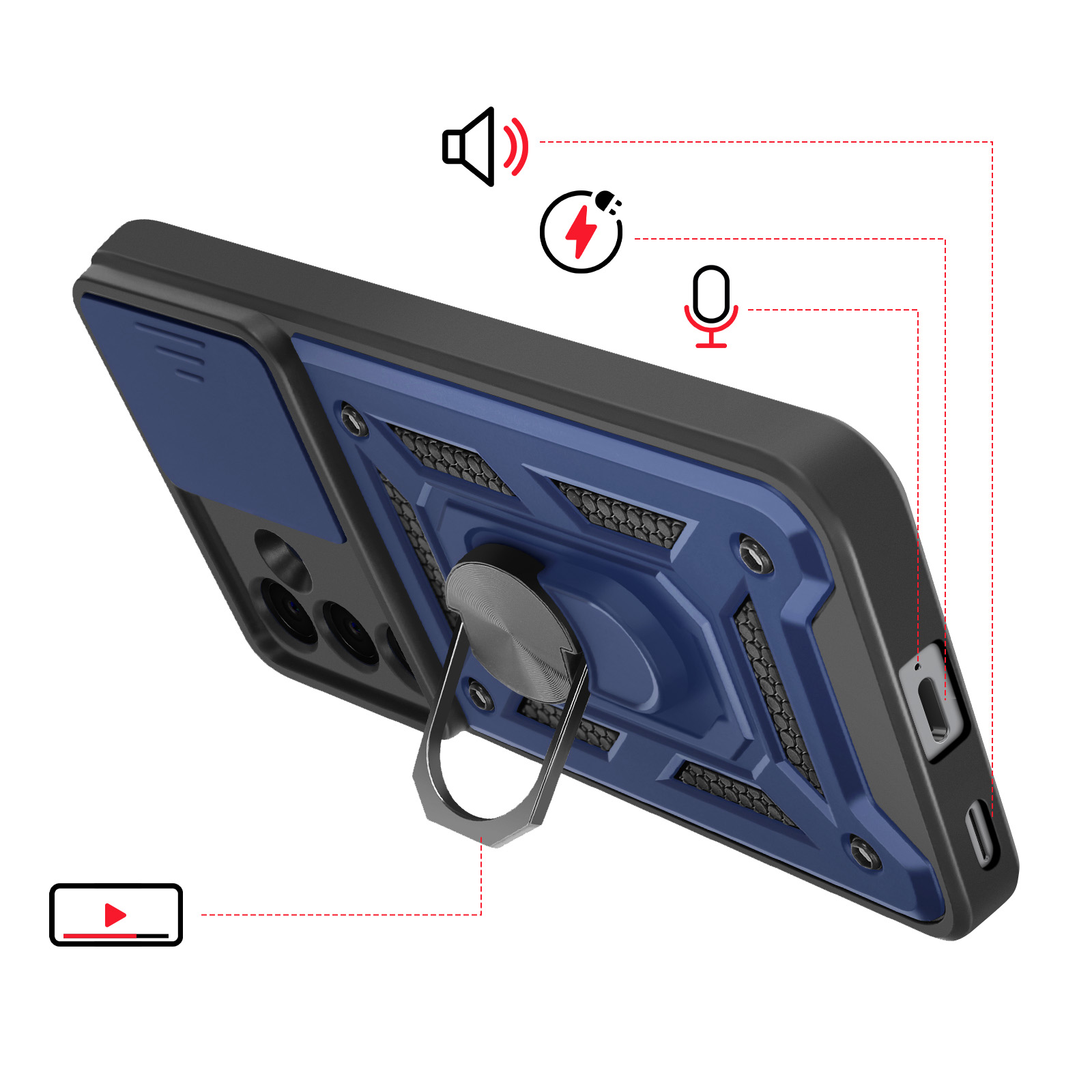 Een blauwe en zwarte telefoonhoes met ringhouder en iconen voor luidspreker, flits en microfoon.