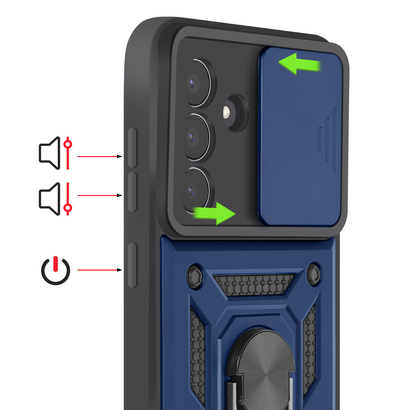 Donkerblauwe telefoonhoes met cameralenskap, volume- en aan/uitknoppen.